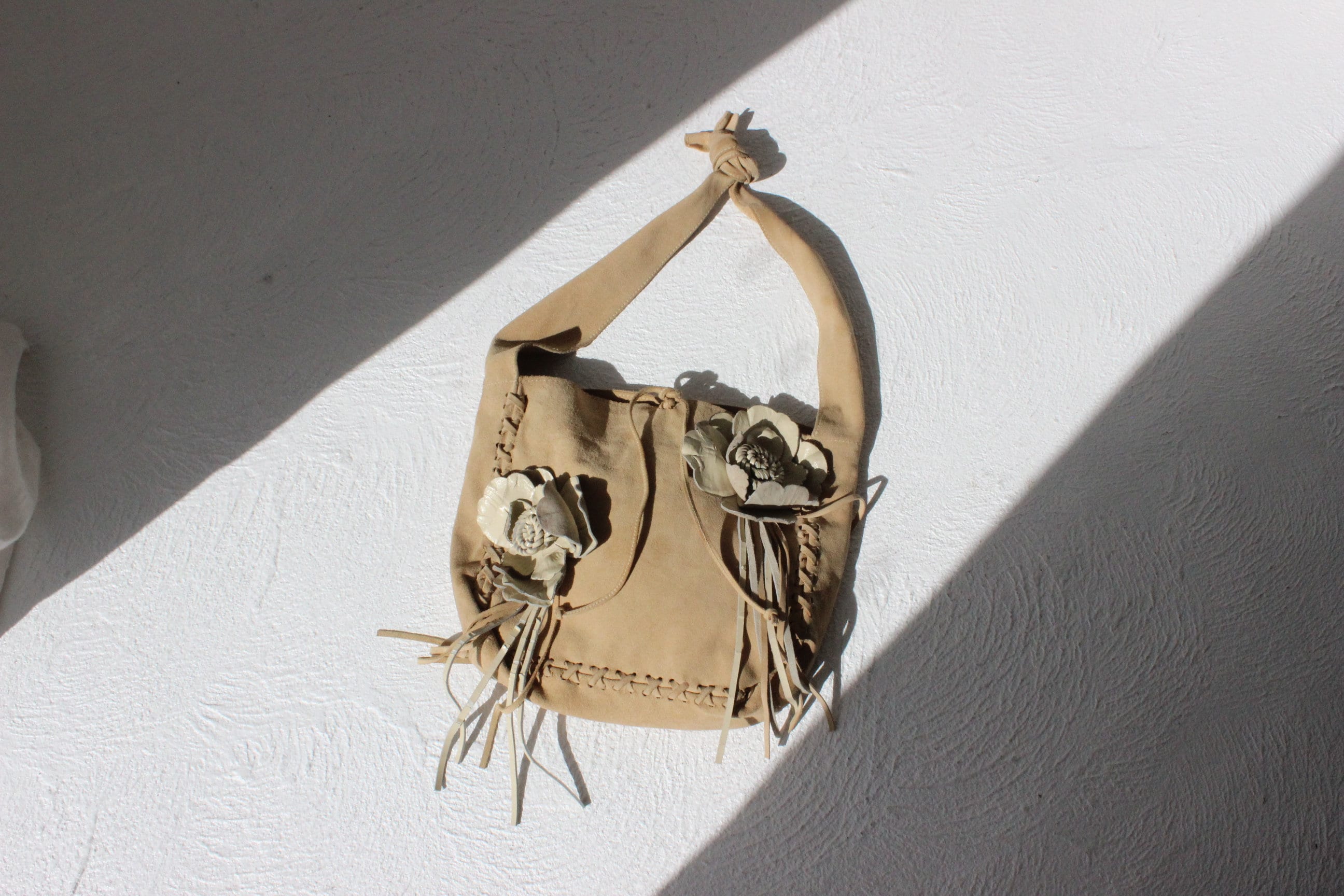 90s Suede Textured 3D Flower & Fringe Handbag