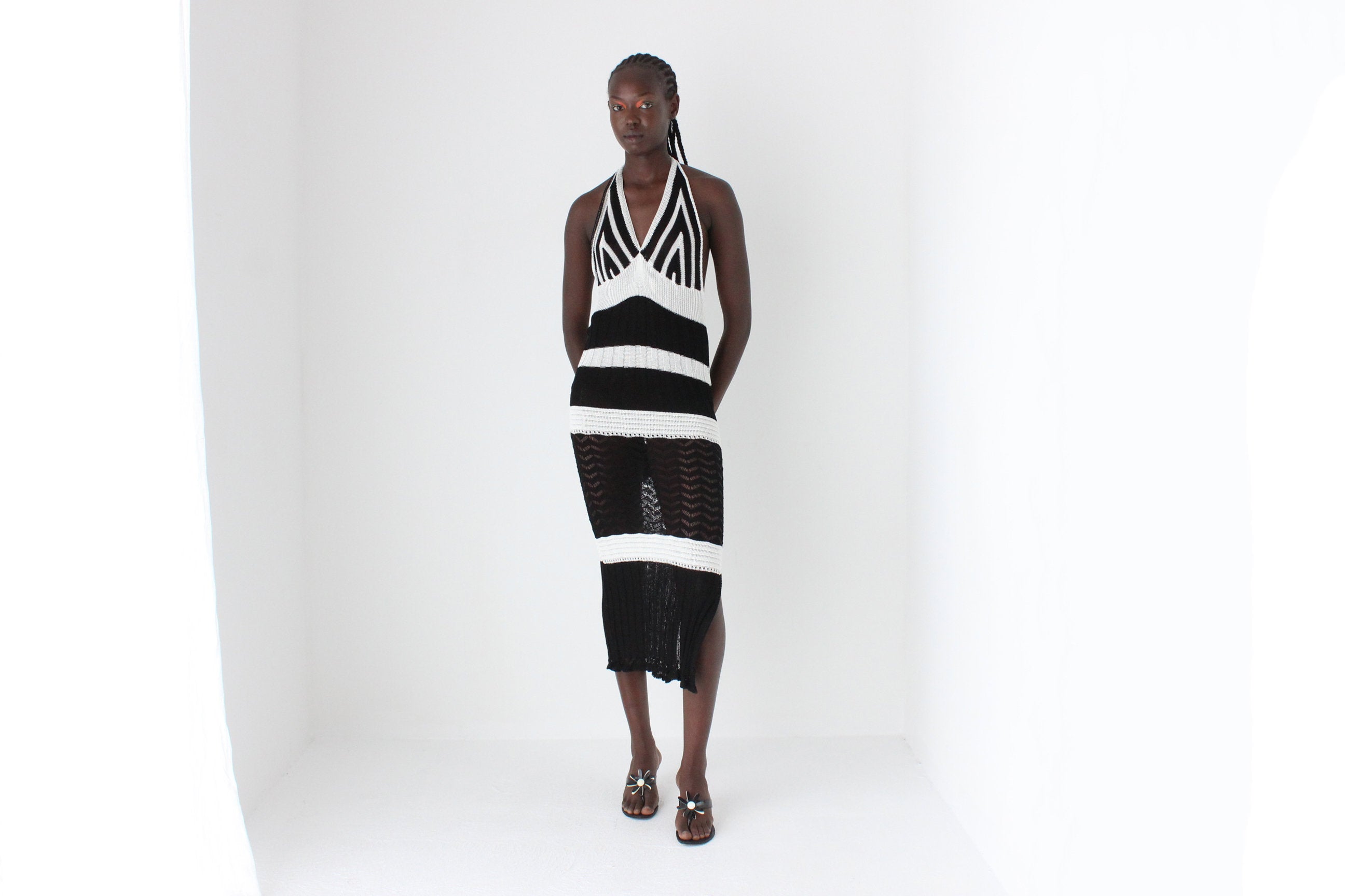 Y2K Black & White Crochet Knit Halter Dress