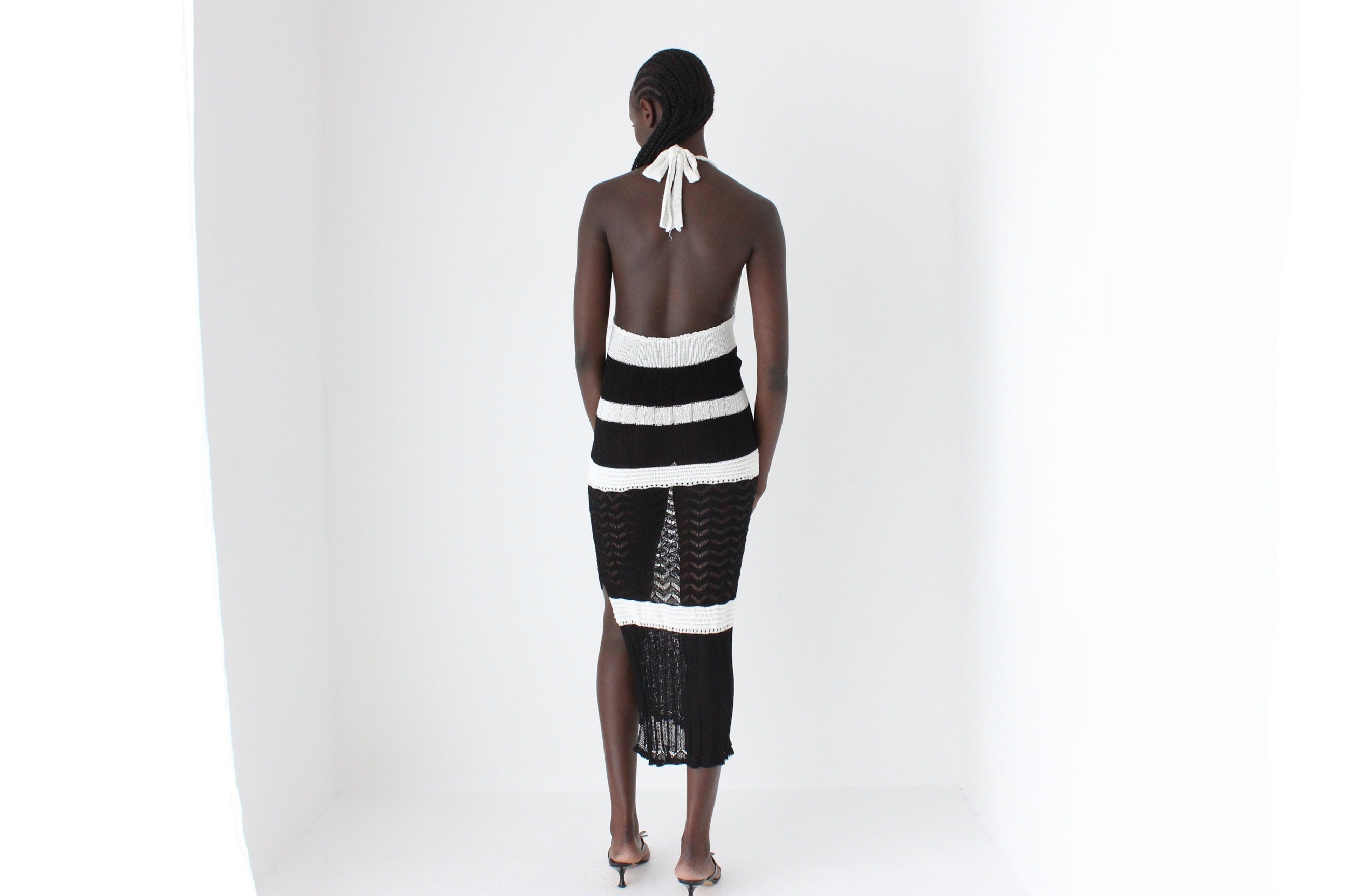 Y2K Black & White Crochet Knit Halter Dress