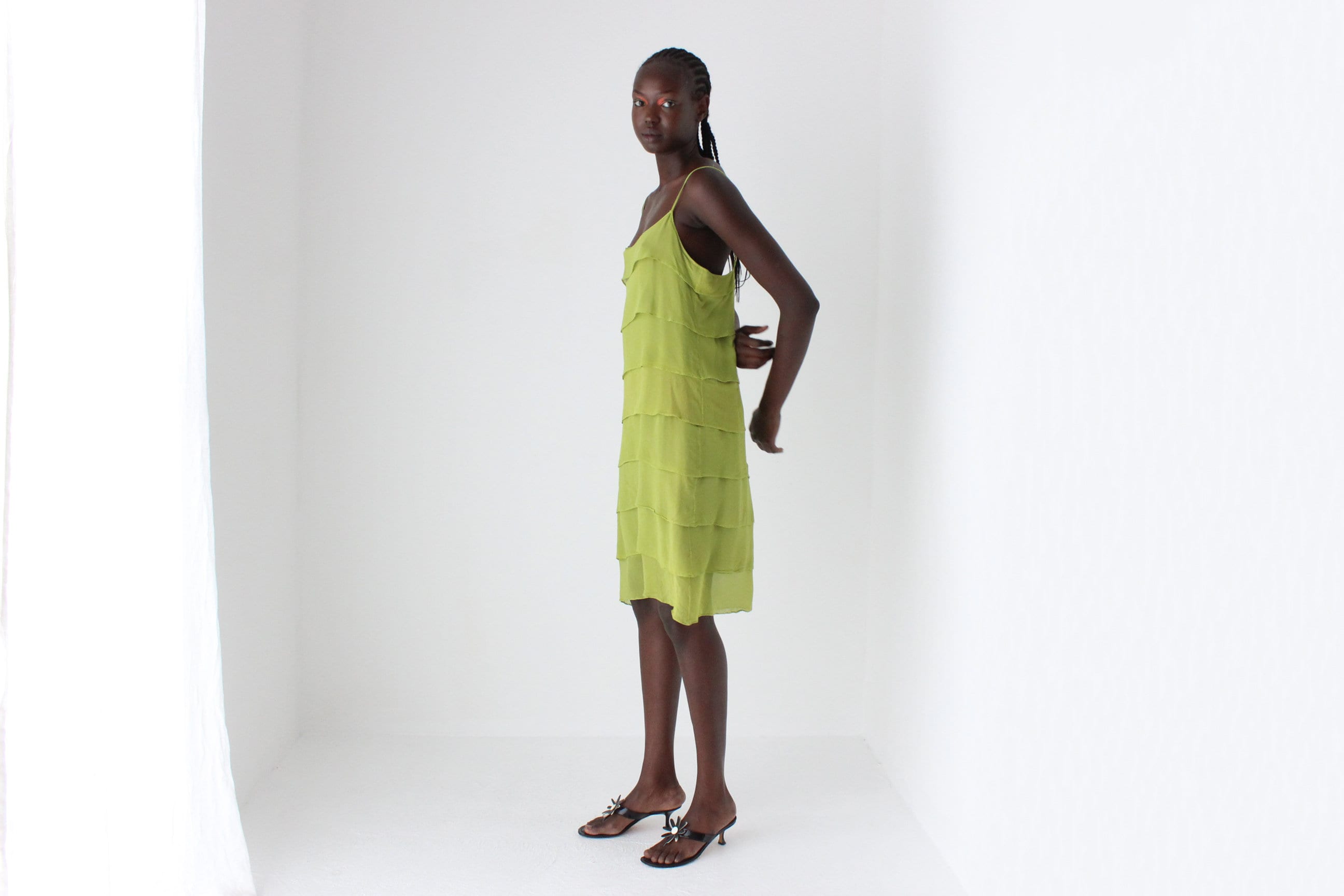 90s Chartreuse Silk Layered Ruffle Slip Dress