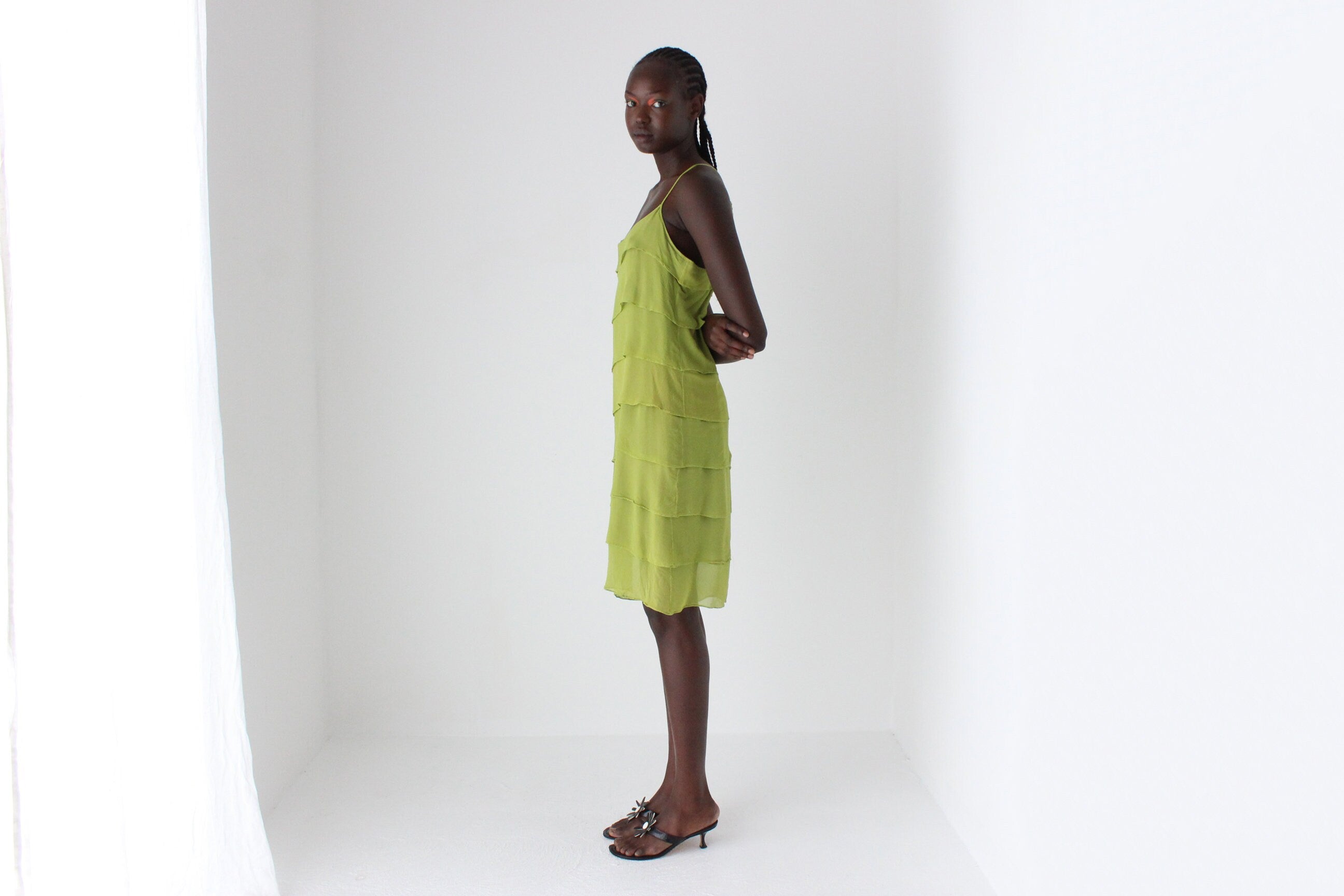 90s Chartreuse Silk Layered Ruffle Slip Dress