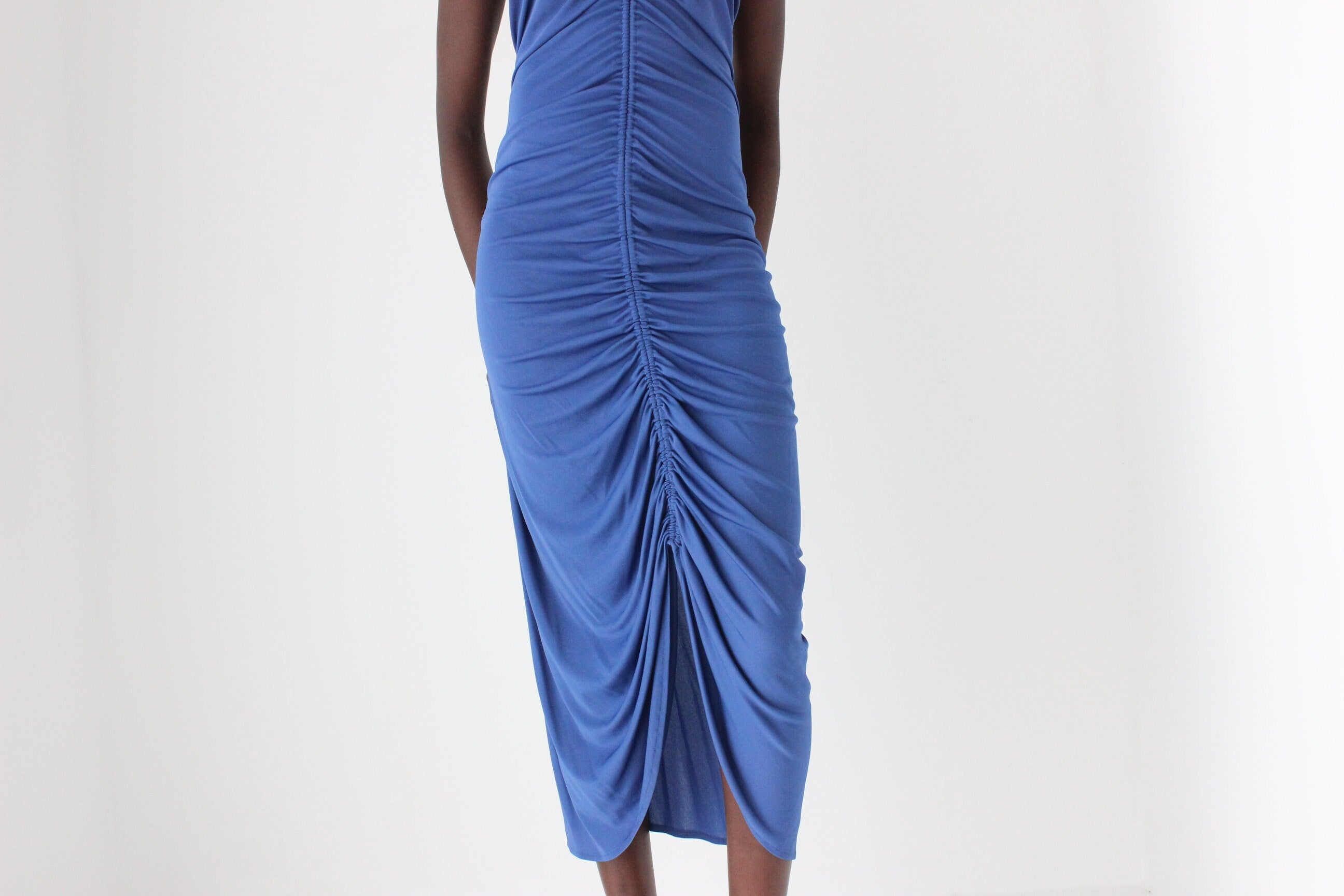 70s Slinky Gathered Jersey Halter Dress by Mr K