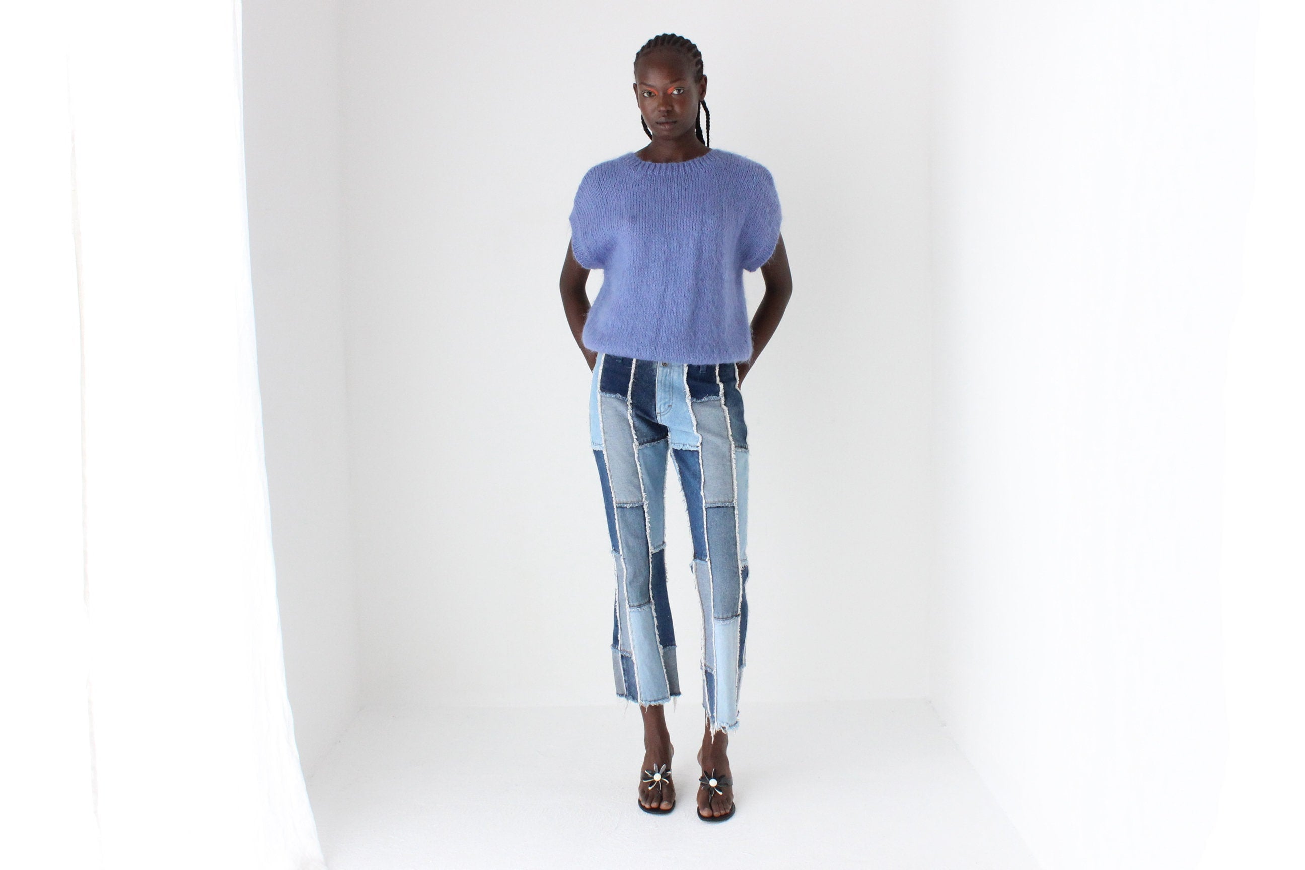 Y2K Frayed Denim Patchwork Texture Jeans