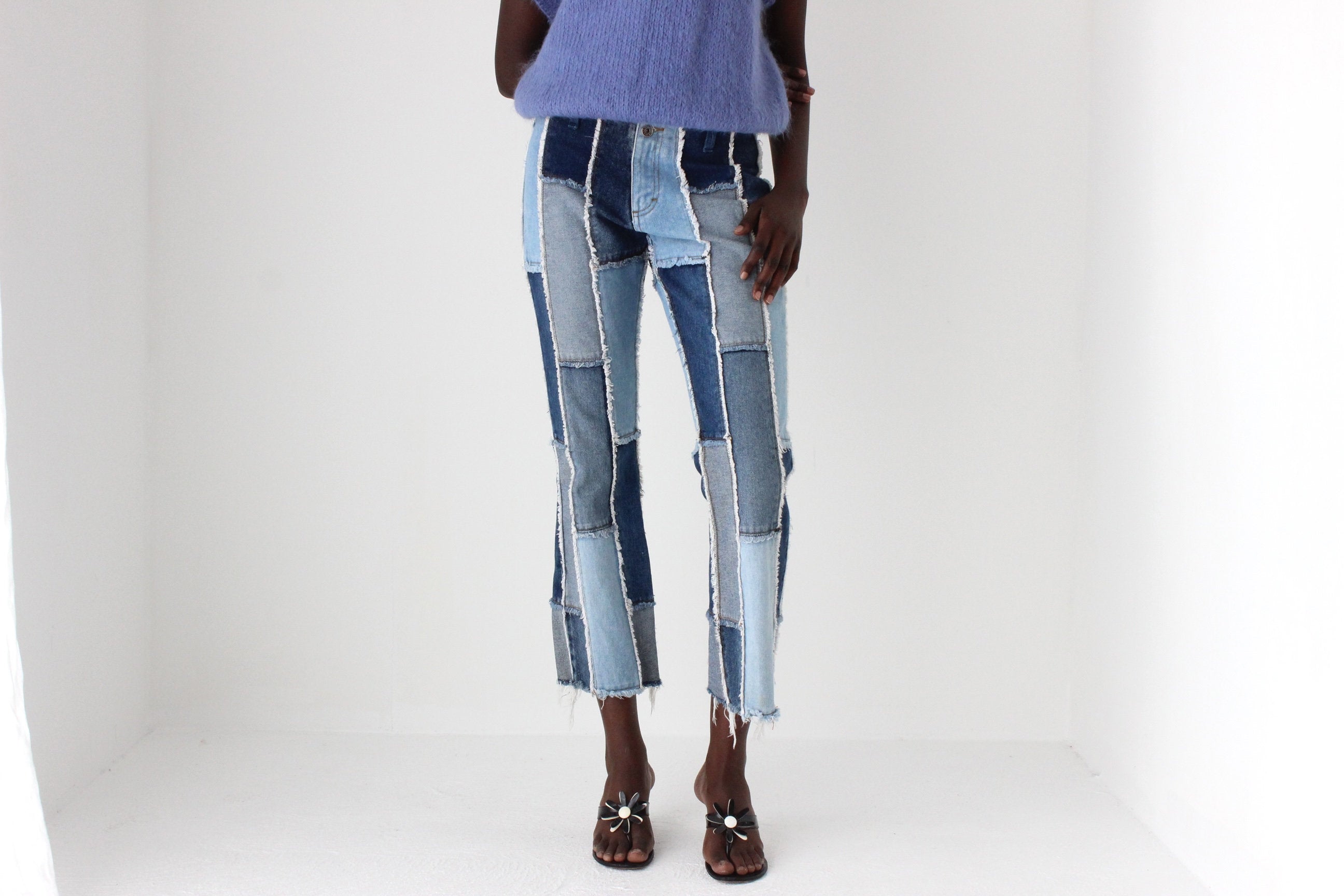 Y2K Frayed Denim Patchwork Texture Jeans