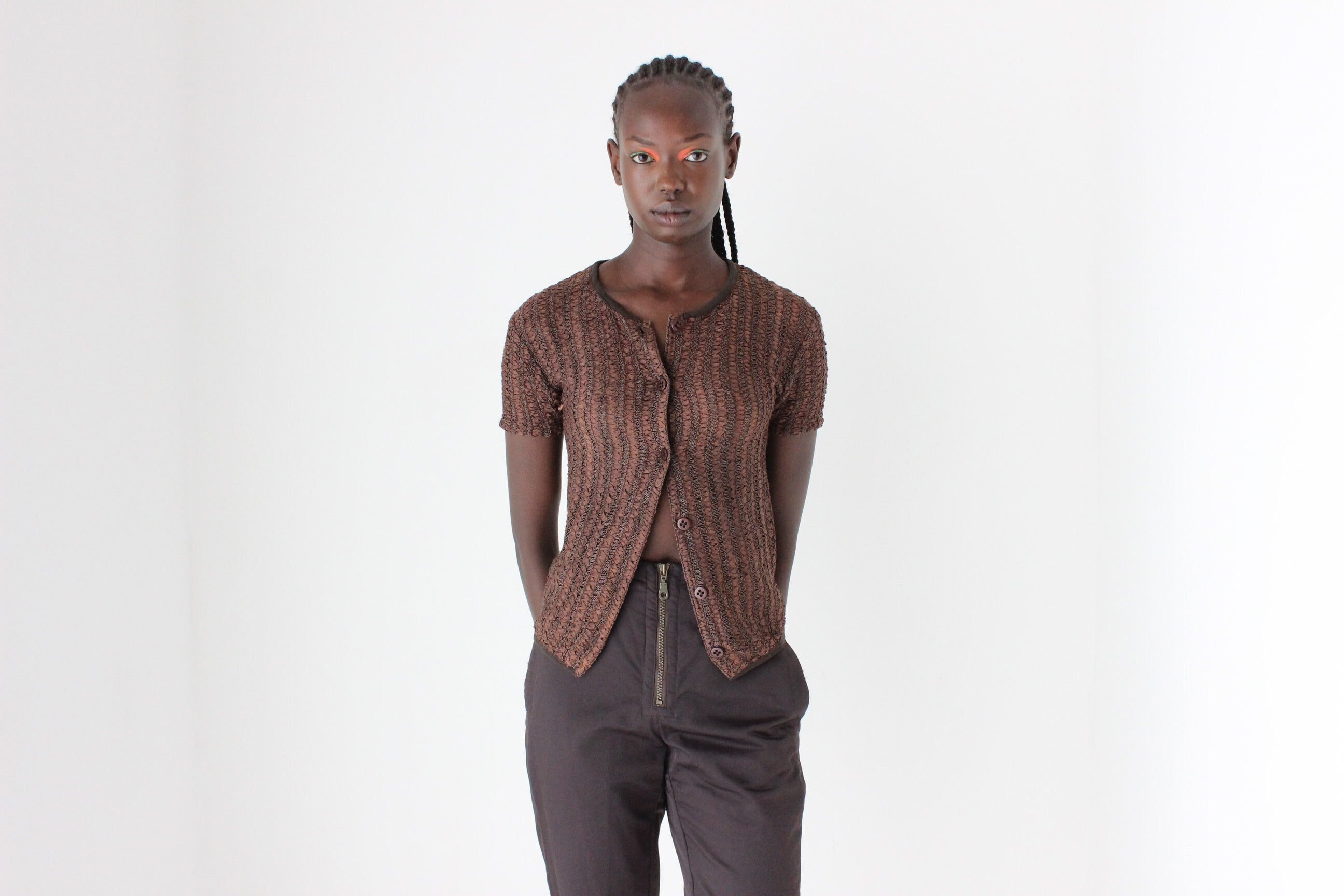 90s NZ Designer Textural Chocolate Tee Top