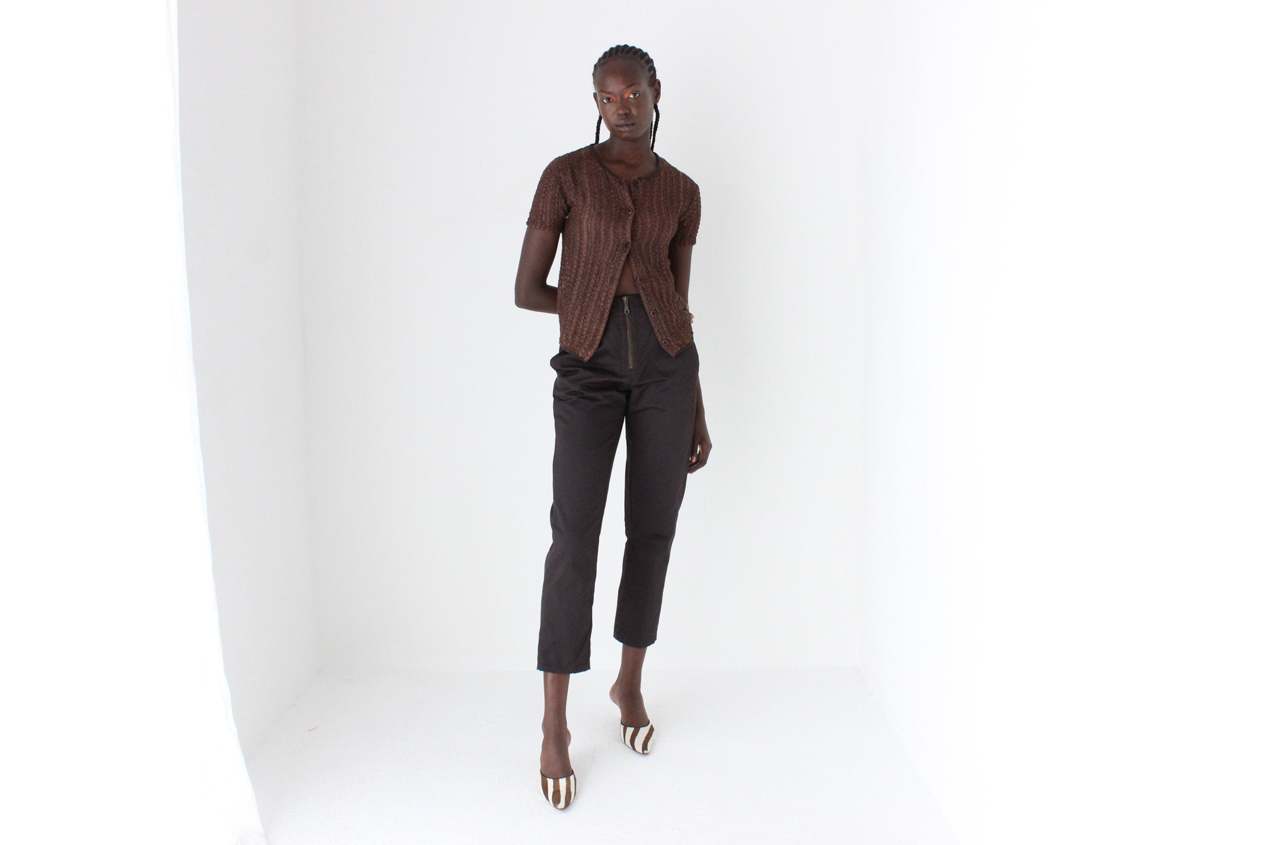 90s Unusual Textural Choc Nylon Trousers