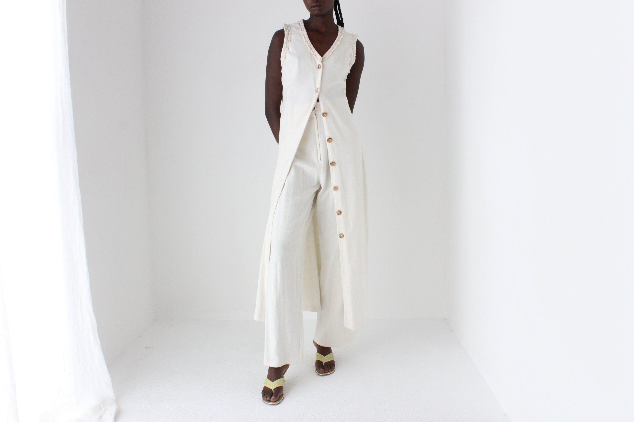 90s Woven Cotton Long Waistcoat Vest & Relaxed Trouser Set