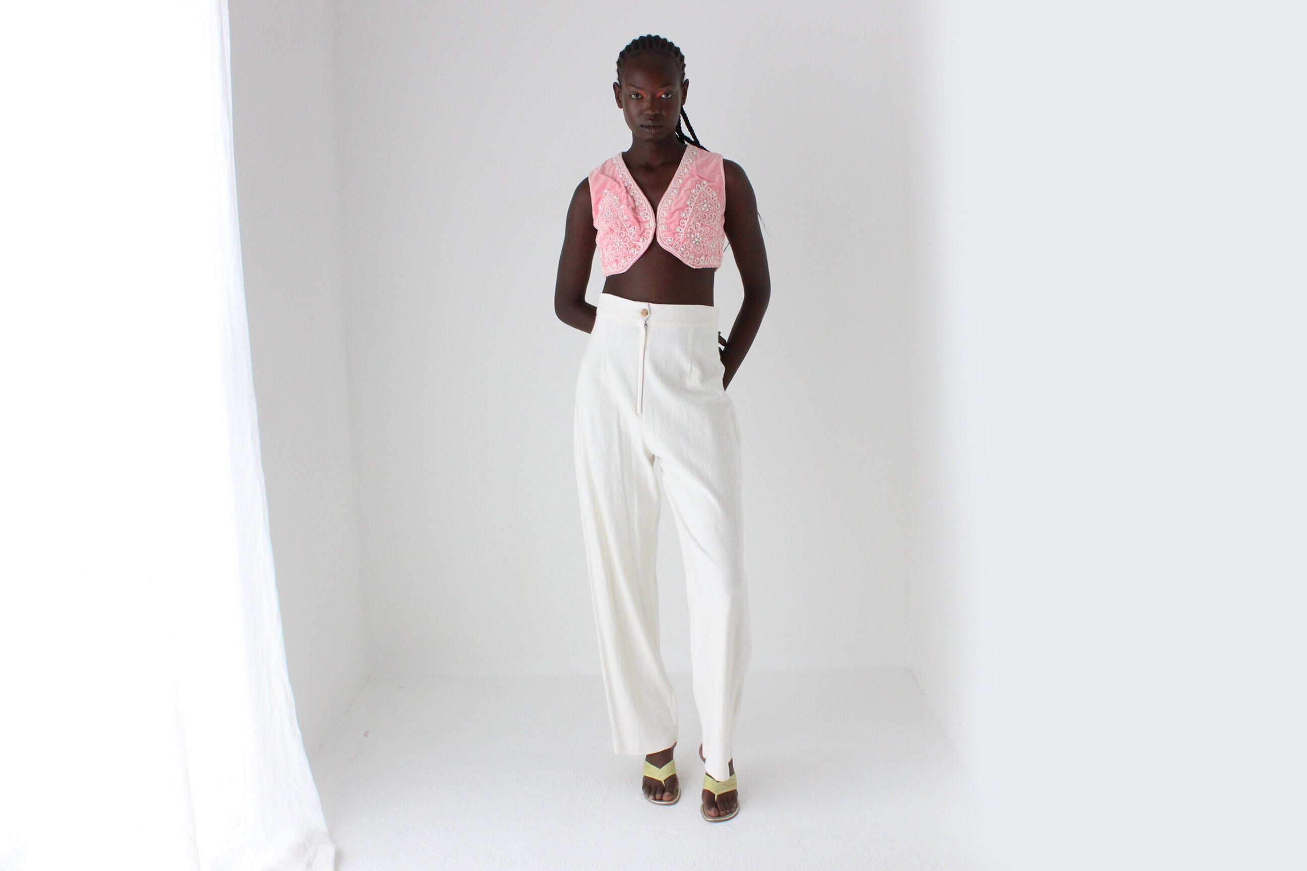 70s Pink Velvet Embellished Vest Crop Top