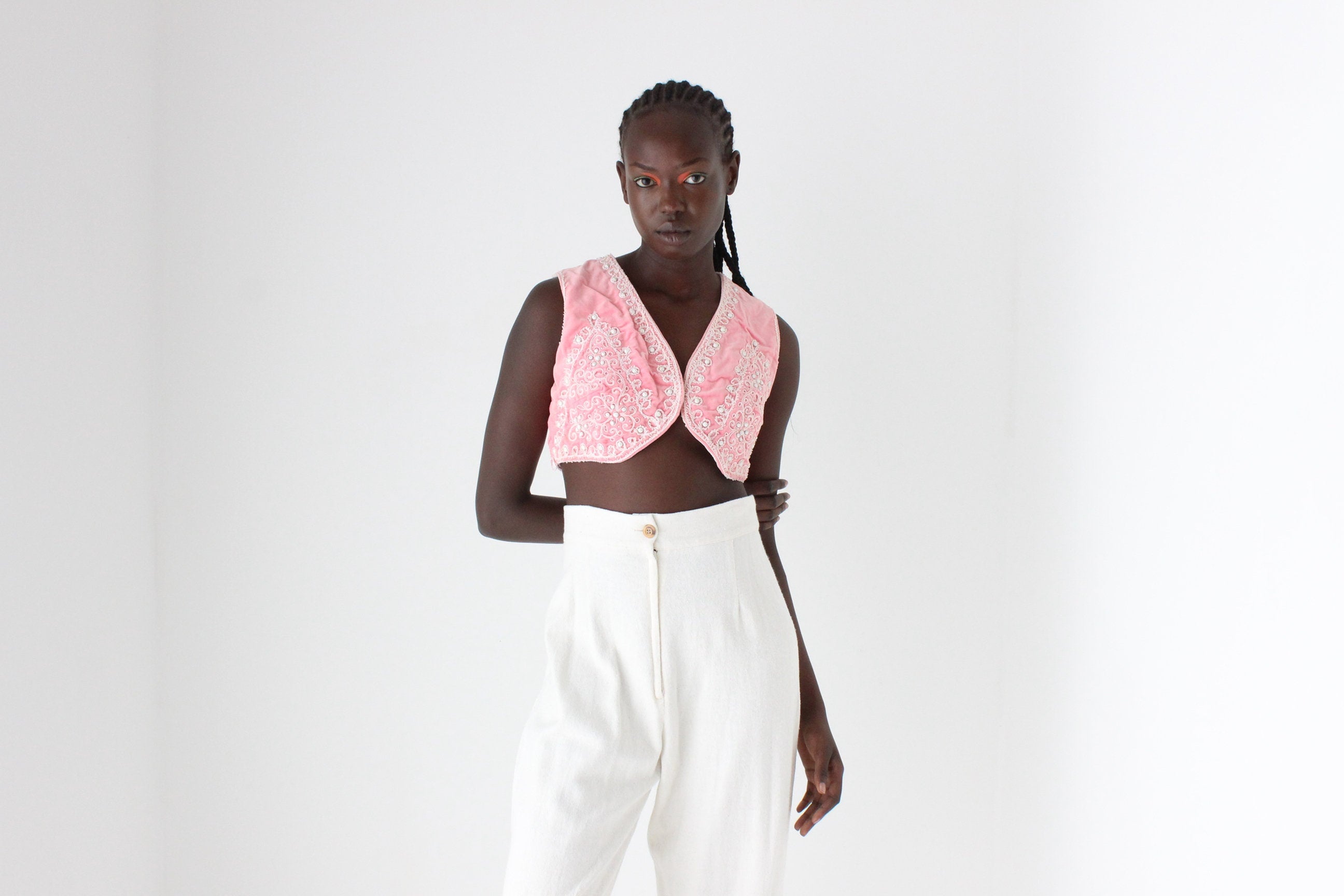 70s Pink Velvet Embellished Vest Crop Top