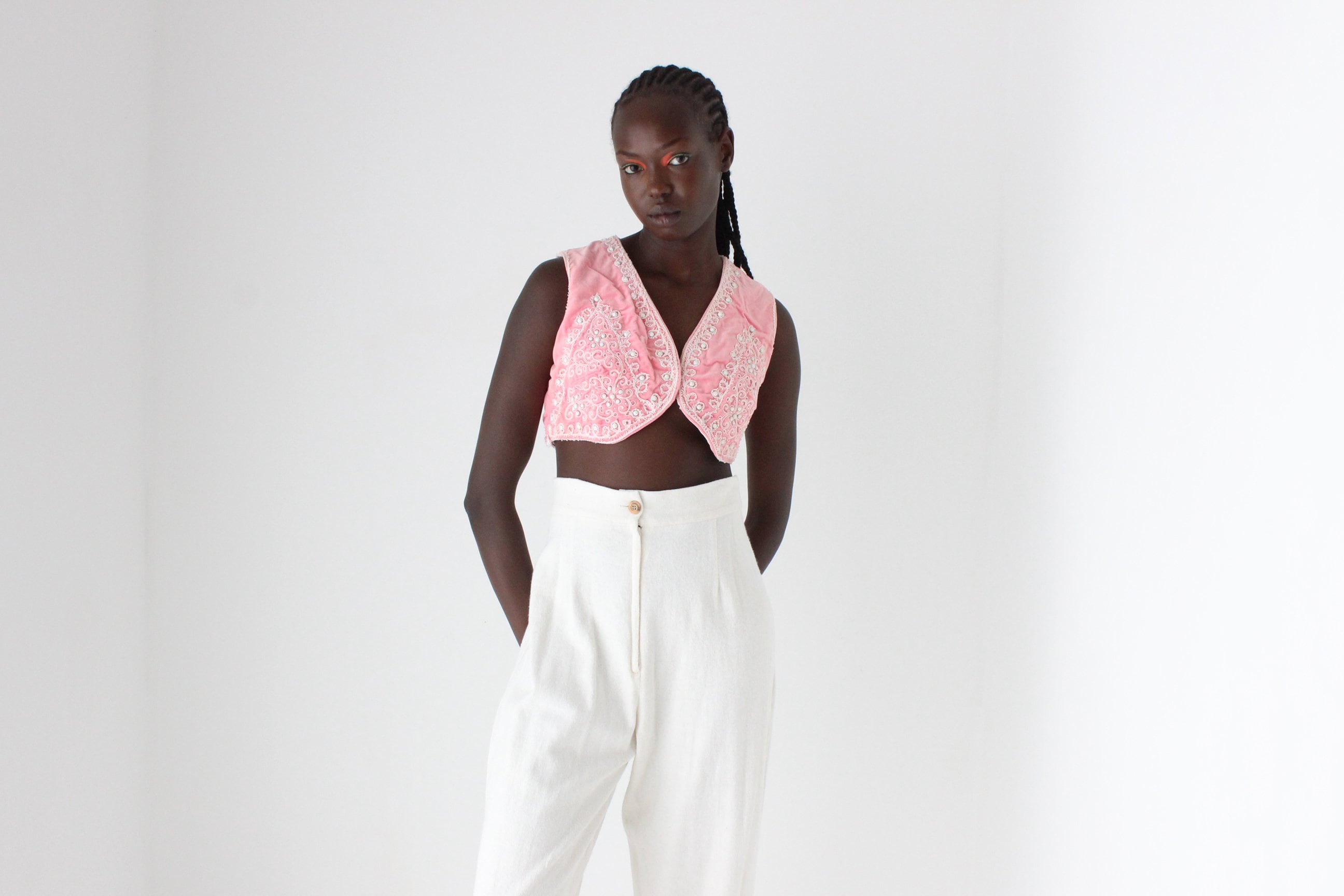 70s Pink Velvet Embellished Vest Crop Top
