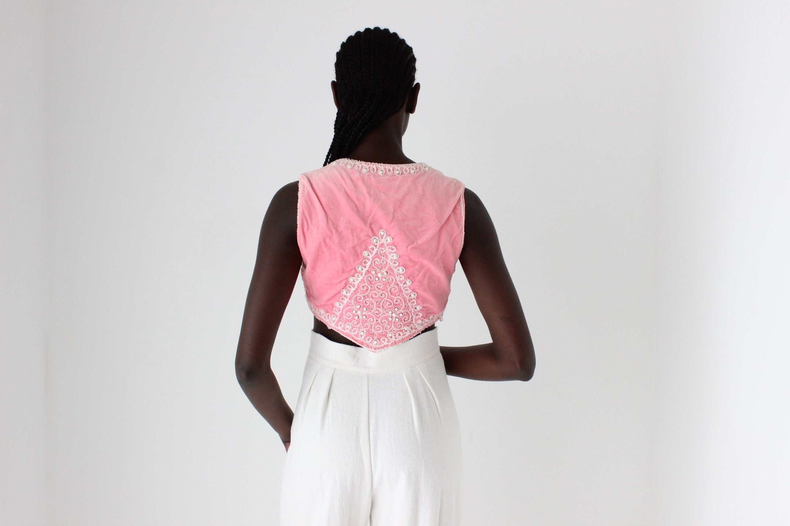 70s Pink Velvet Embellished Vest Crop Top