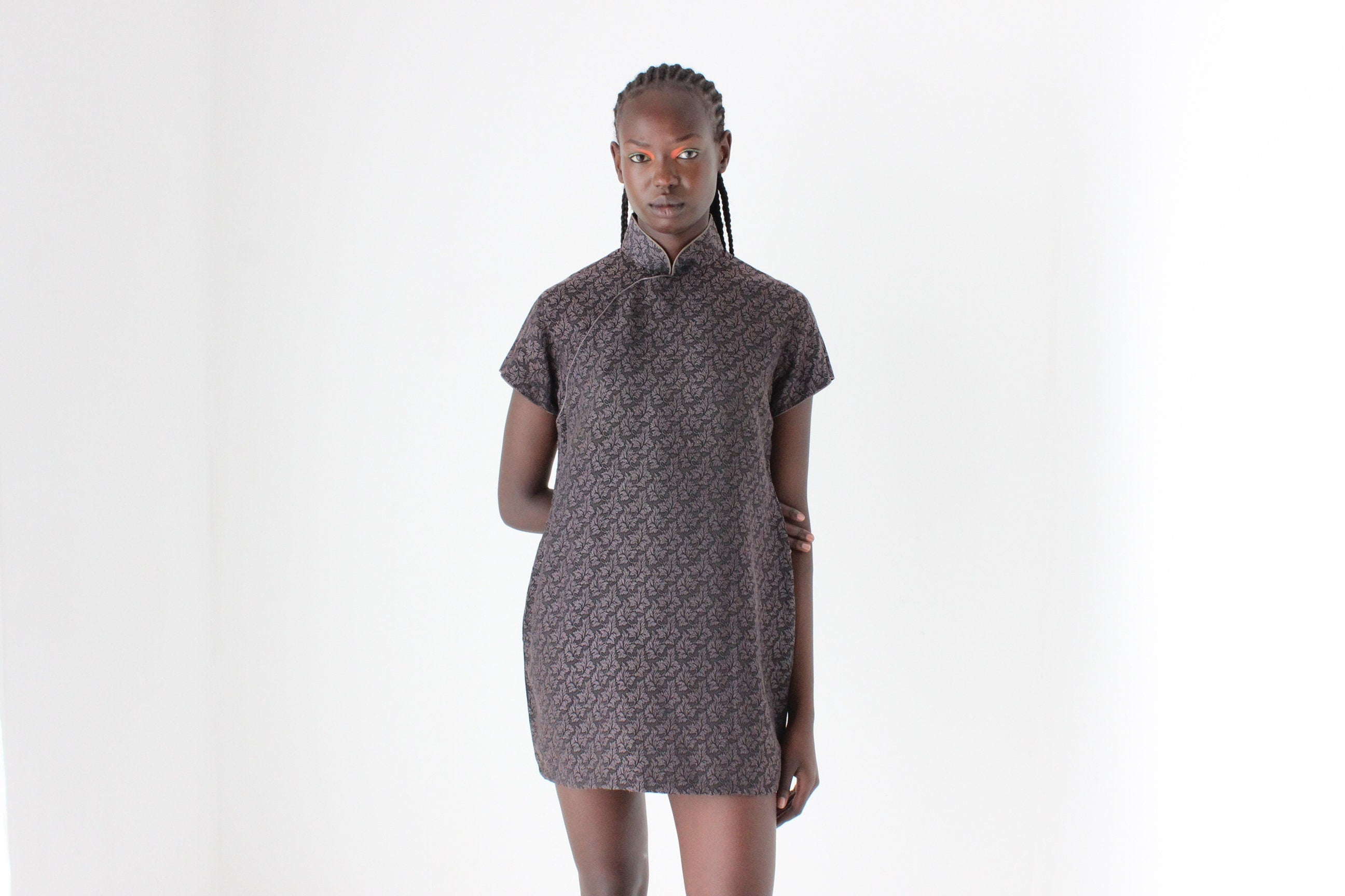80s Custom Made Textured Cheongsam Collar Mini