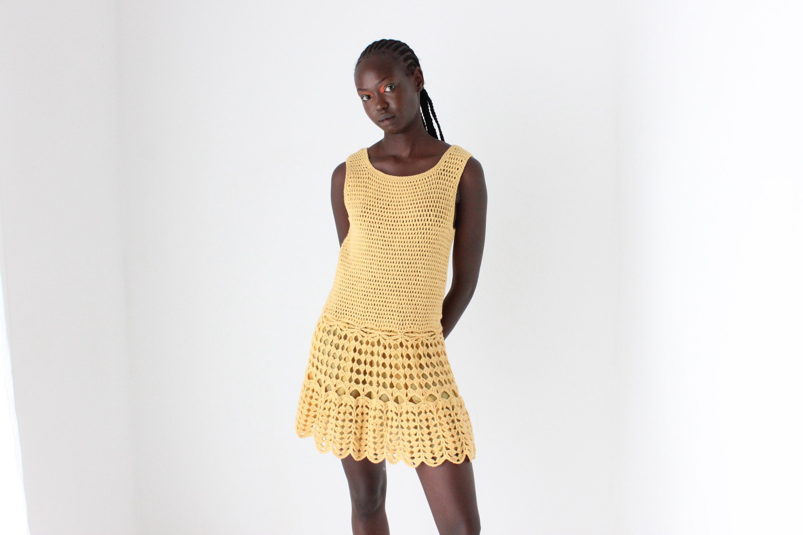 70s Textured Crochet Knit Mini Dress w/ Scalloped Hem