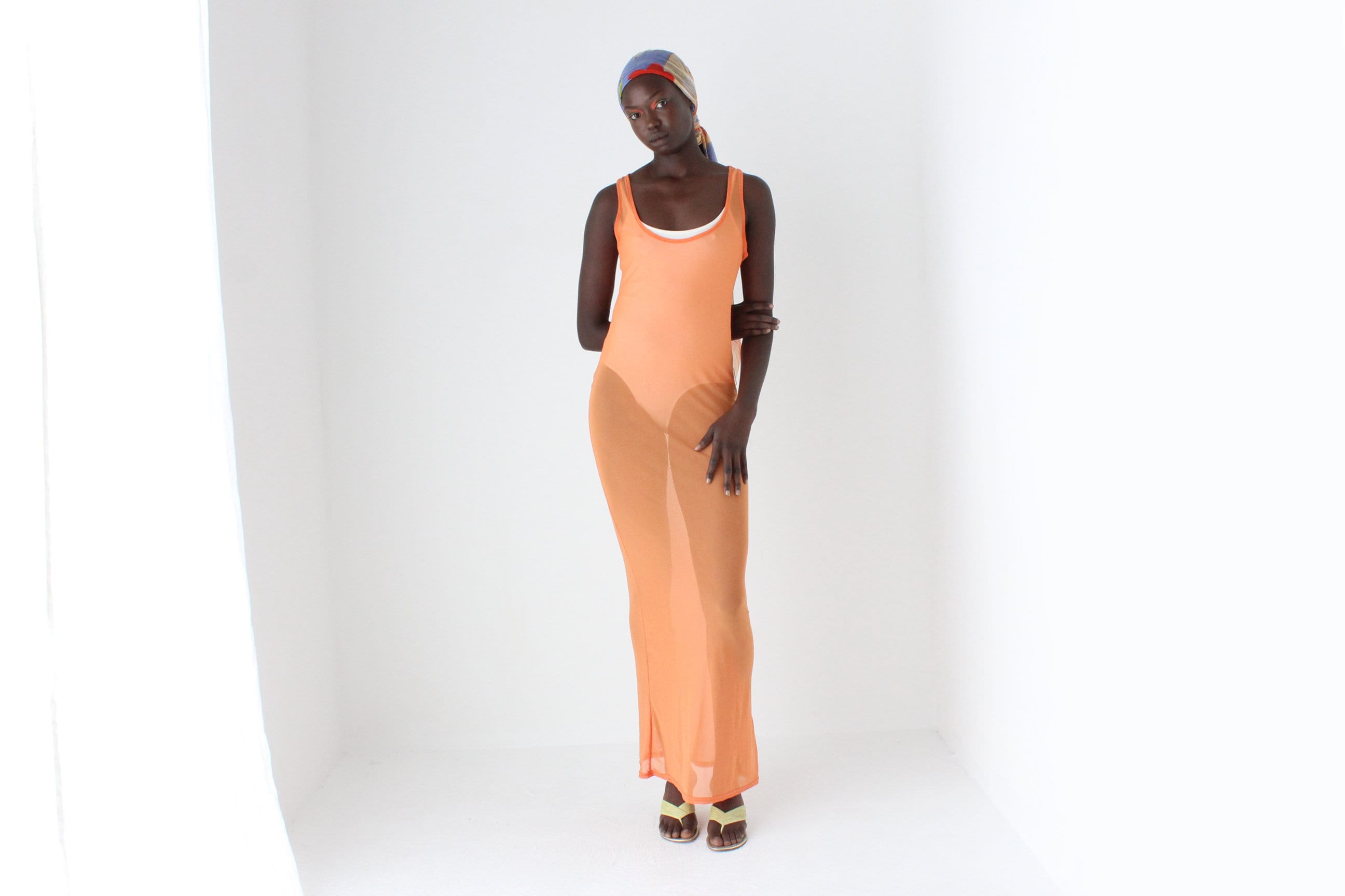 Y2K Sheer Orange Mesh Maxi