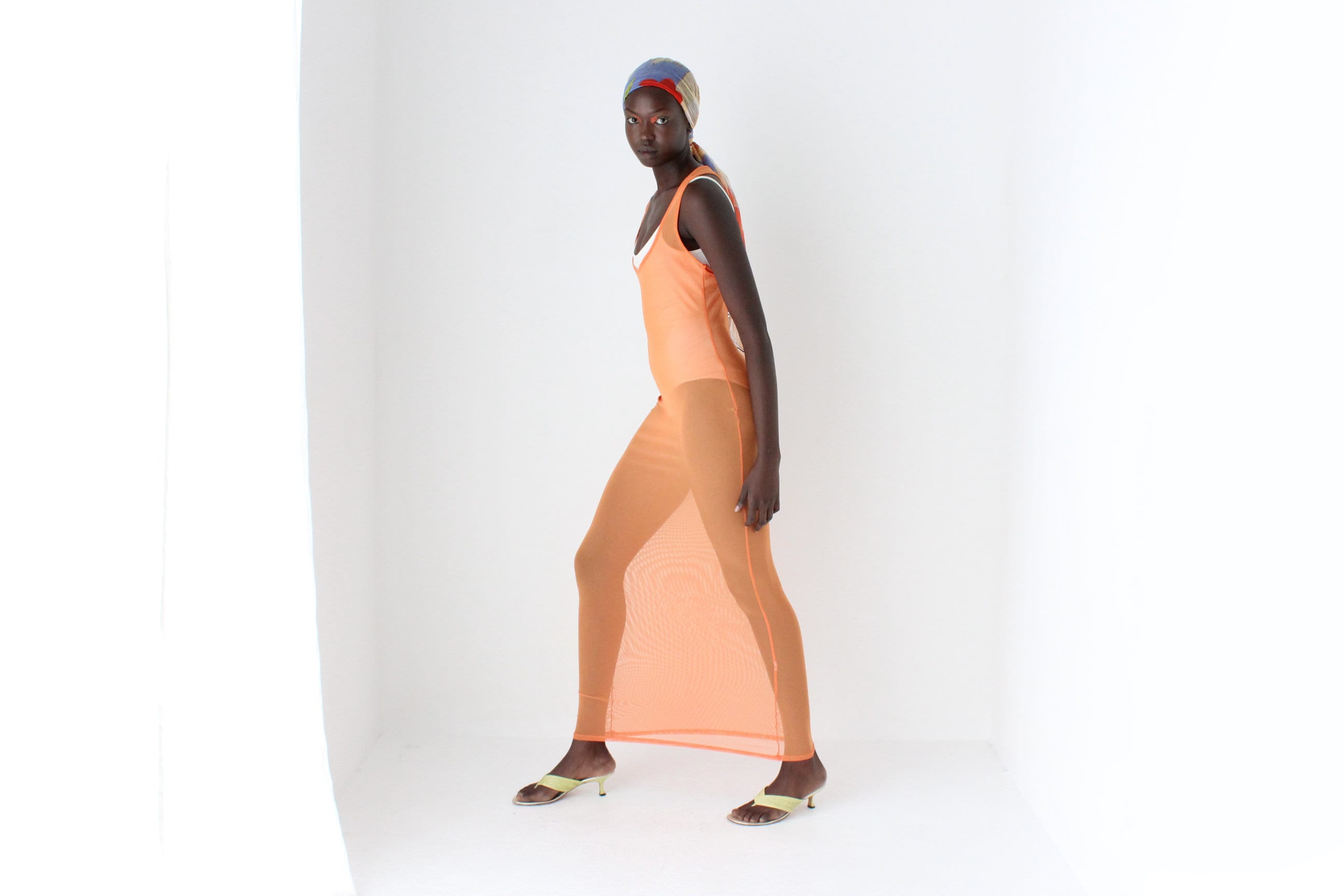 Y2K Sheer Orange Mesh Maxi