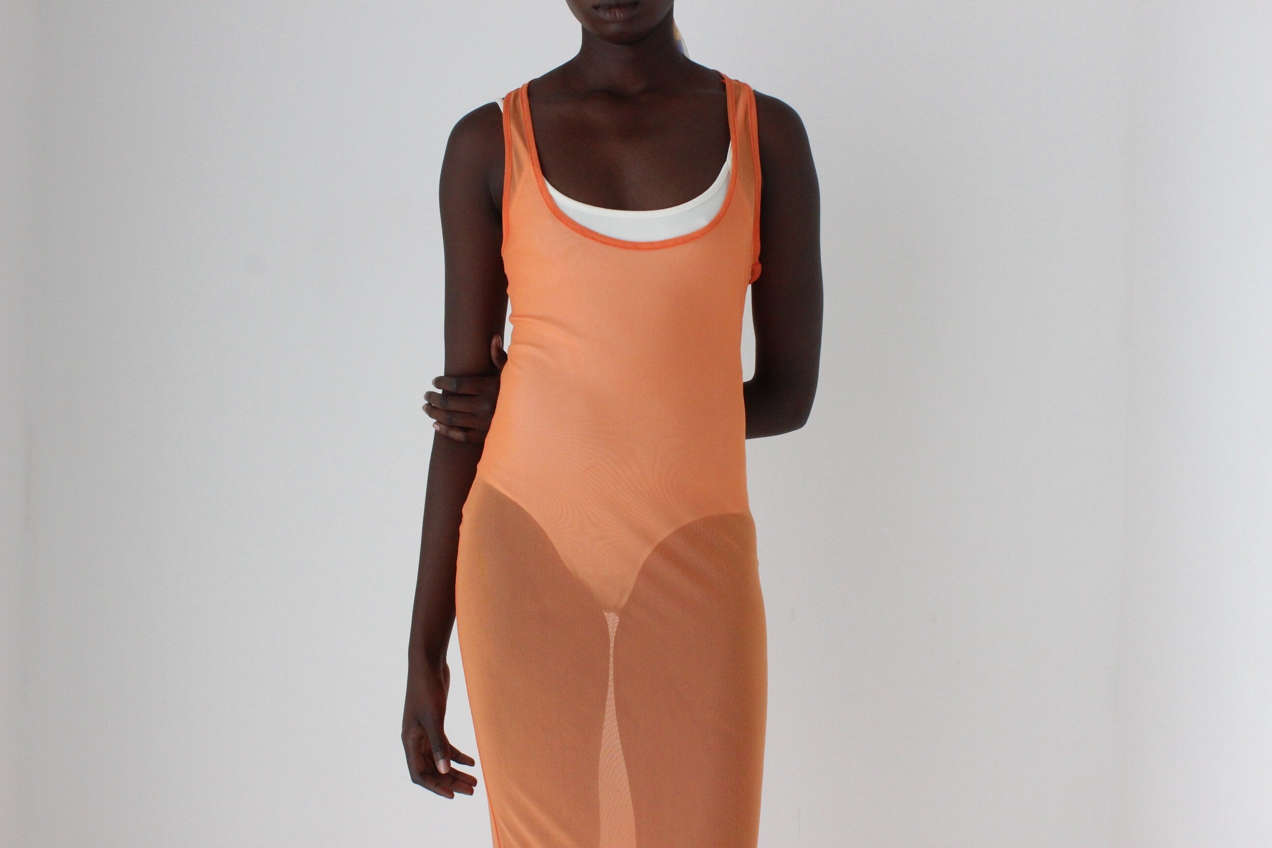 Y2K Sheer Orange Mesh Maxi