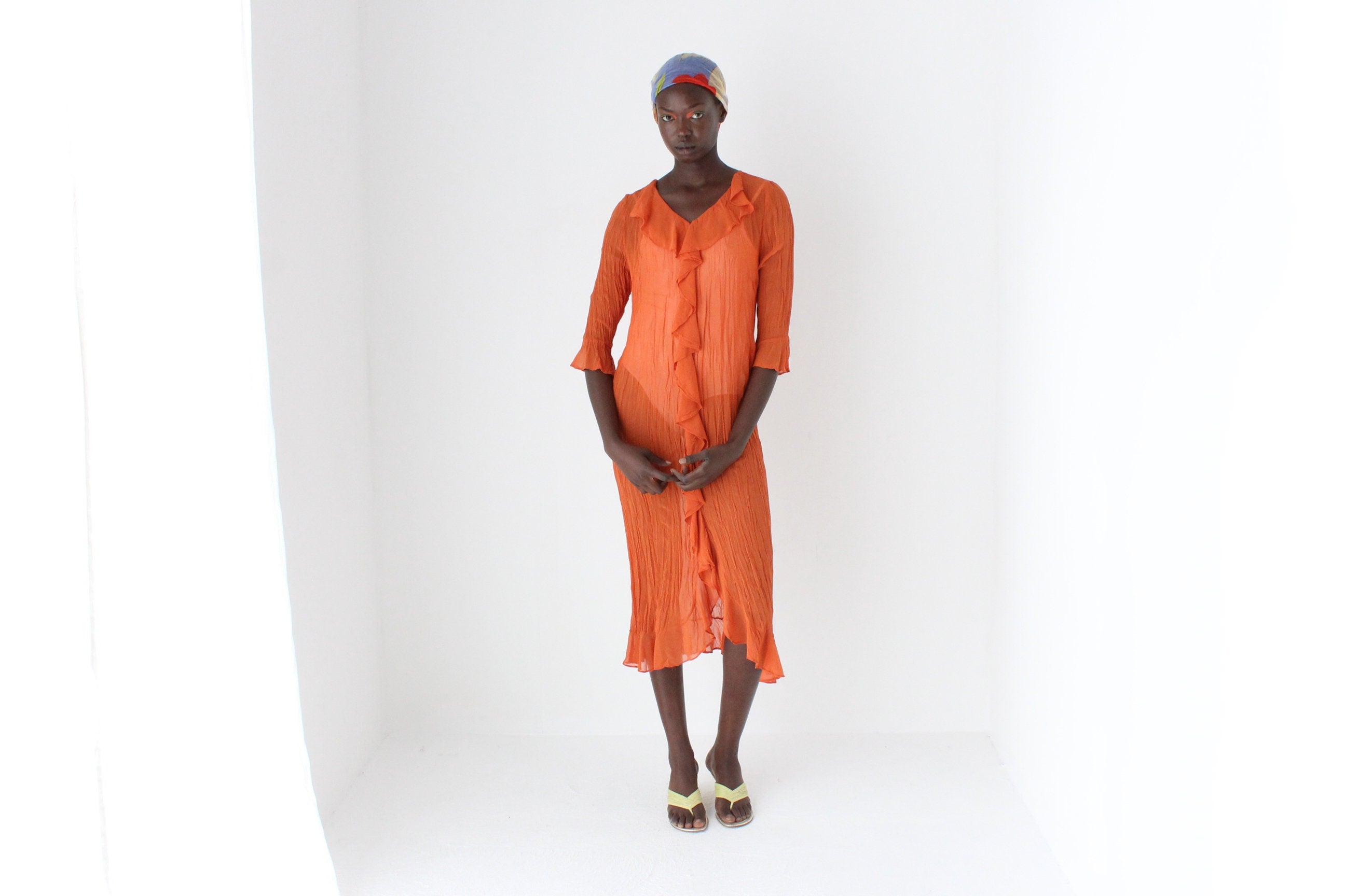 90s Crinkle Textured Sheer Ruffle Relaxed Shirt Dress