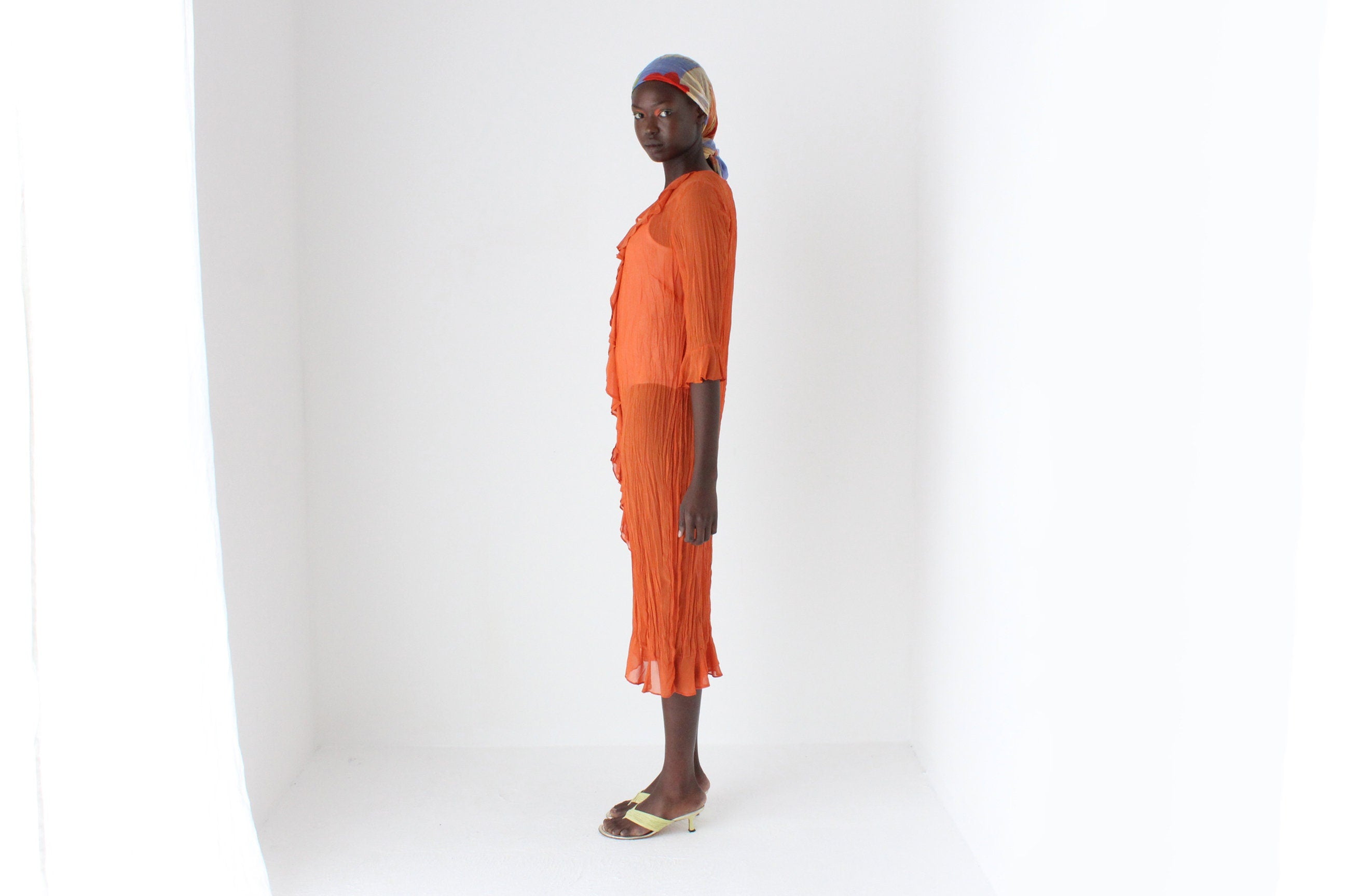 90s Crinkle Textured Sheer Ruffle Relaxed Shirt Dress