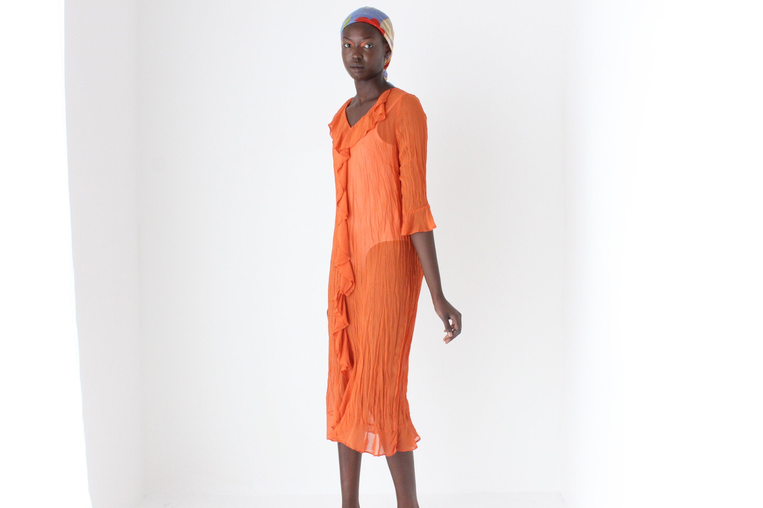 90s Crinkle Textured Sheer Ruffle Relaxed Shirt Dress