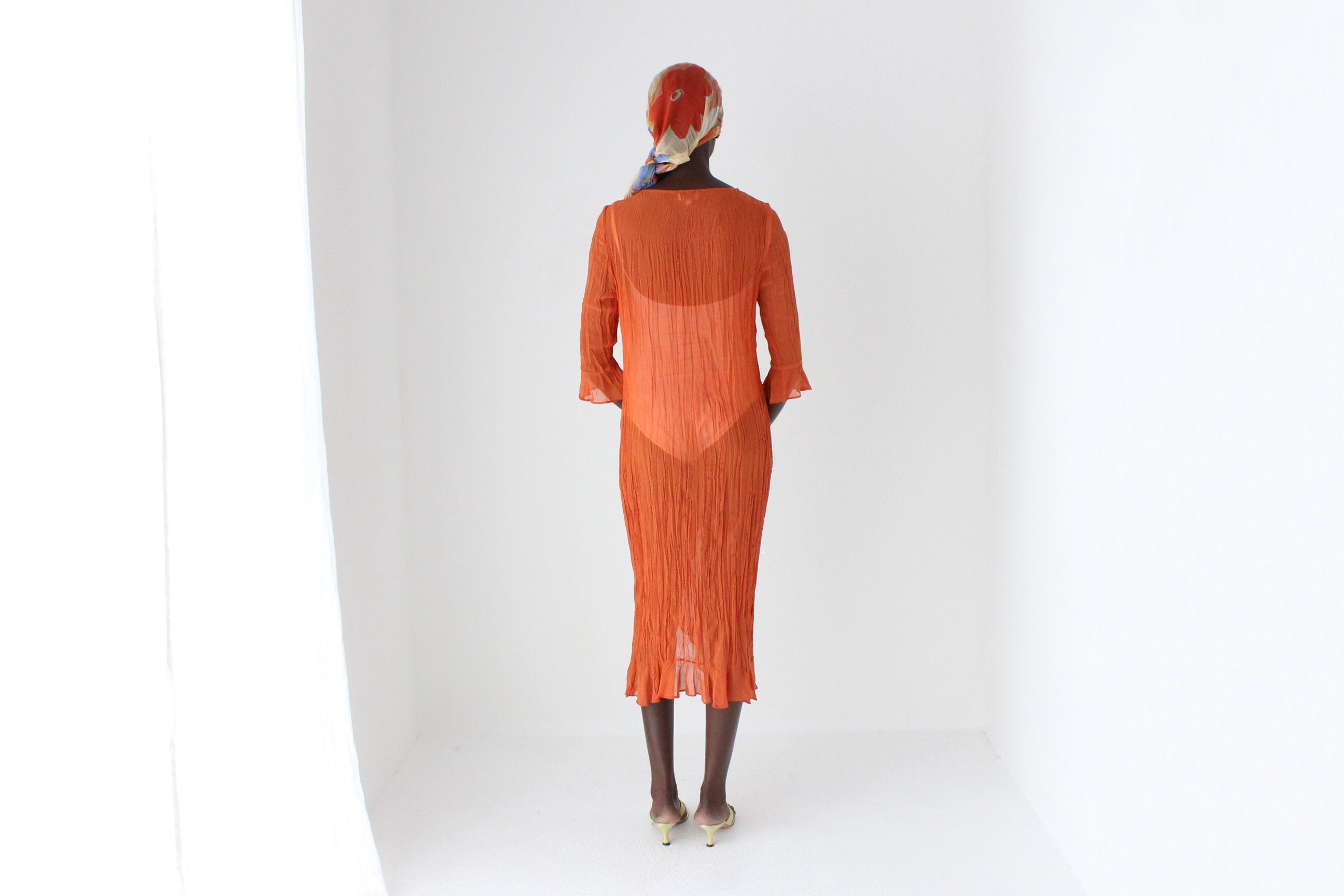 90s Crinkle Textured Sheer Ruffle Relaxed Shirt Dress