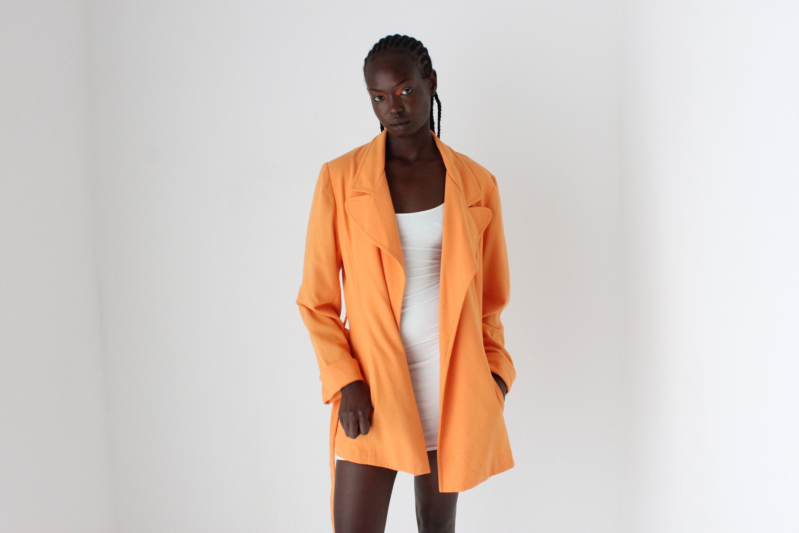 80s Textured Crepe Belted Swing Coat