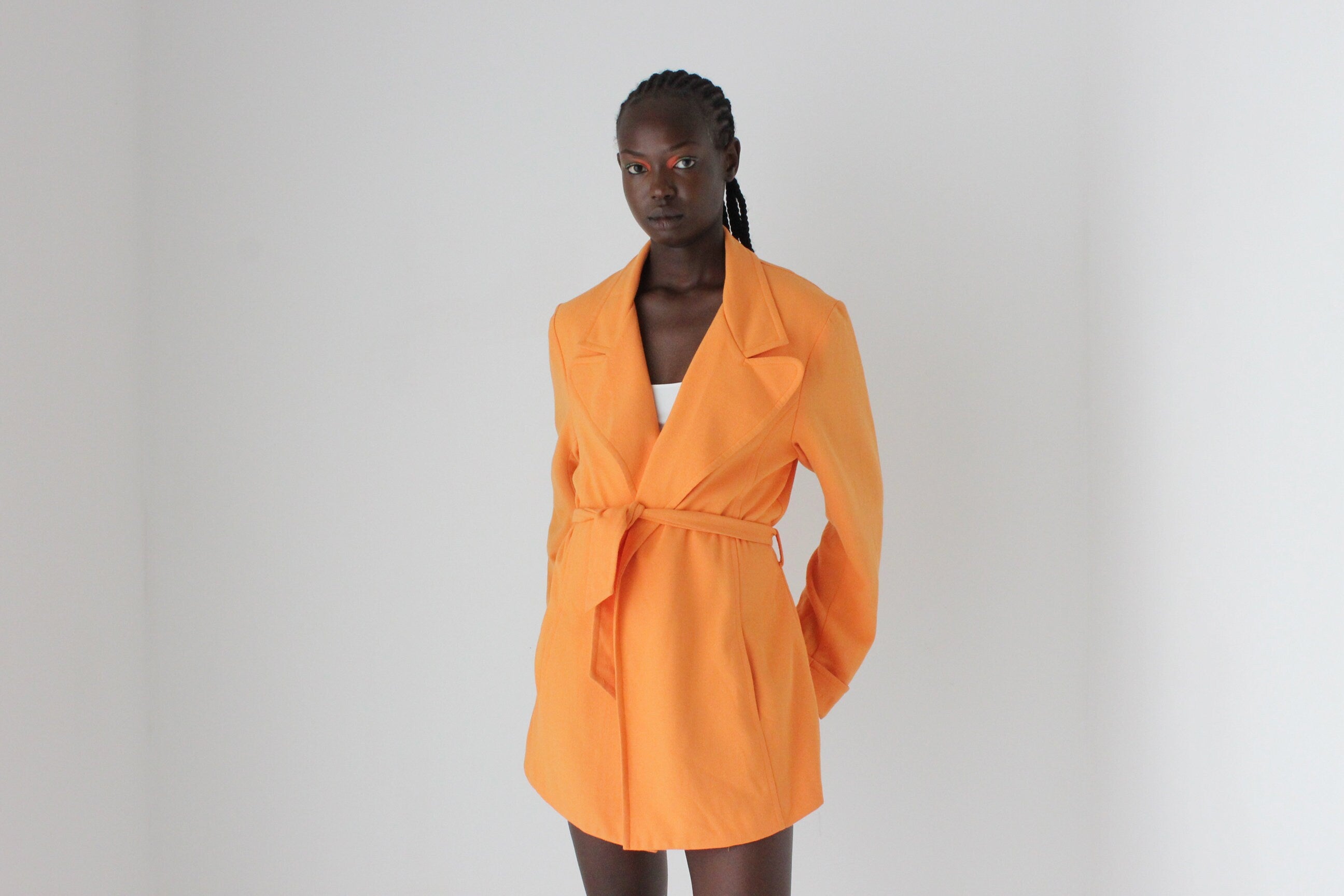 80s Textured Crepe Belted Swing Coat