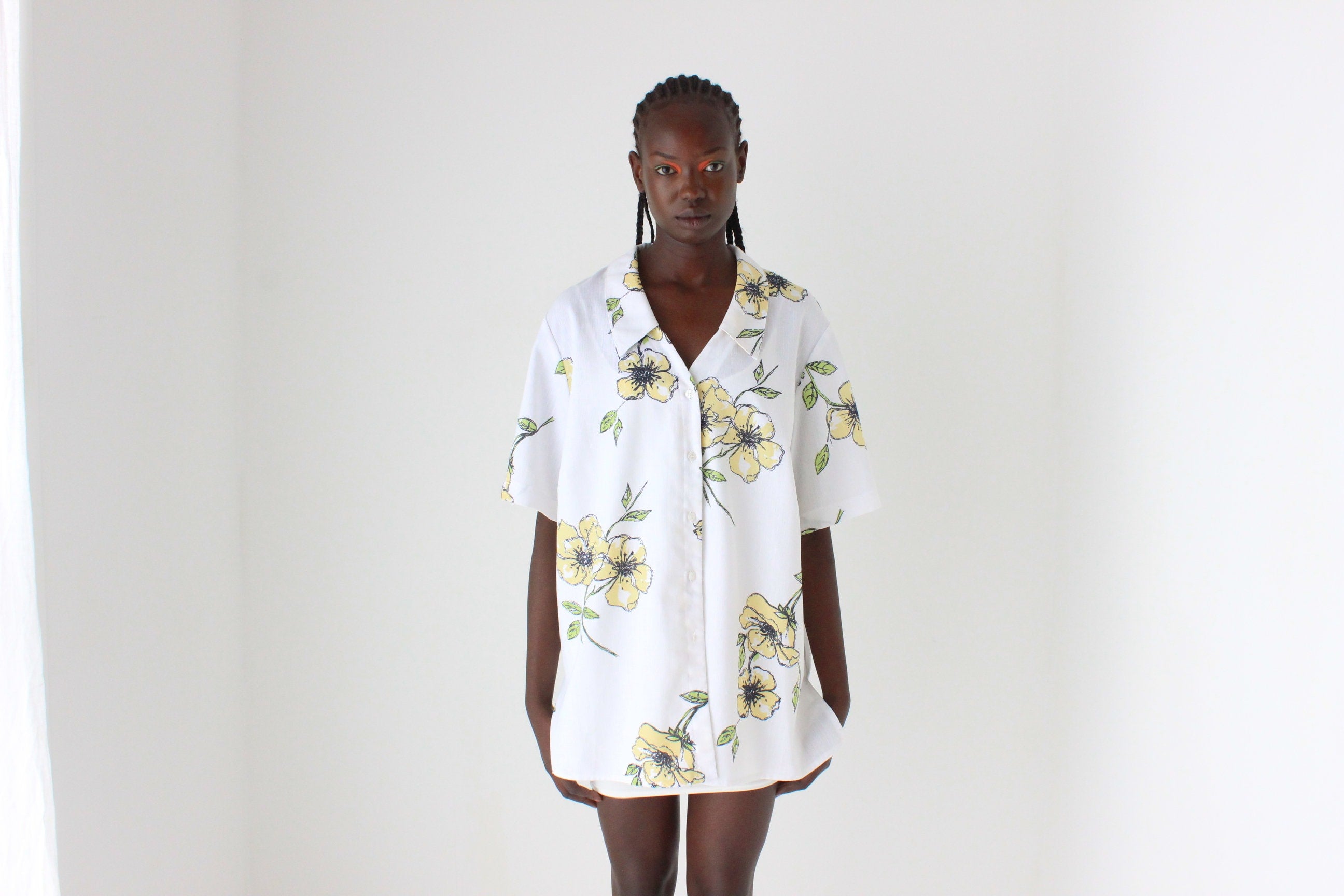 80s Woven Textured Short Sleeve Boxy Shirt