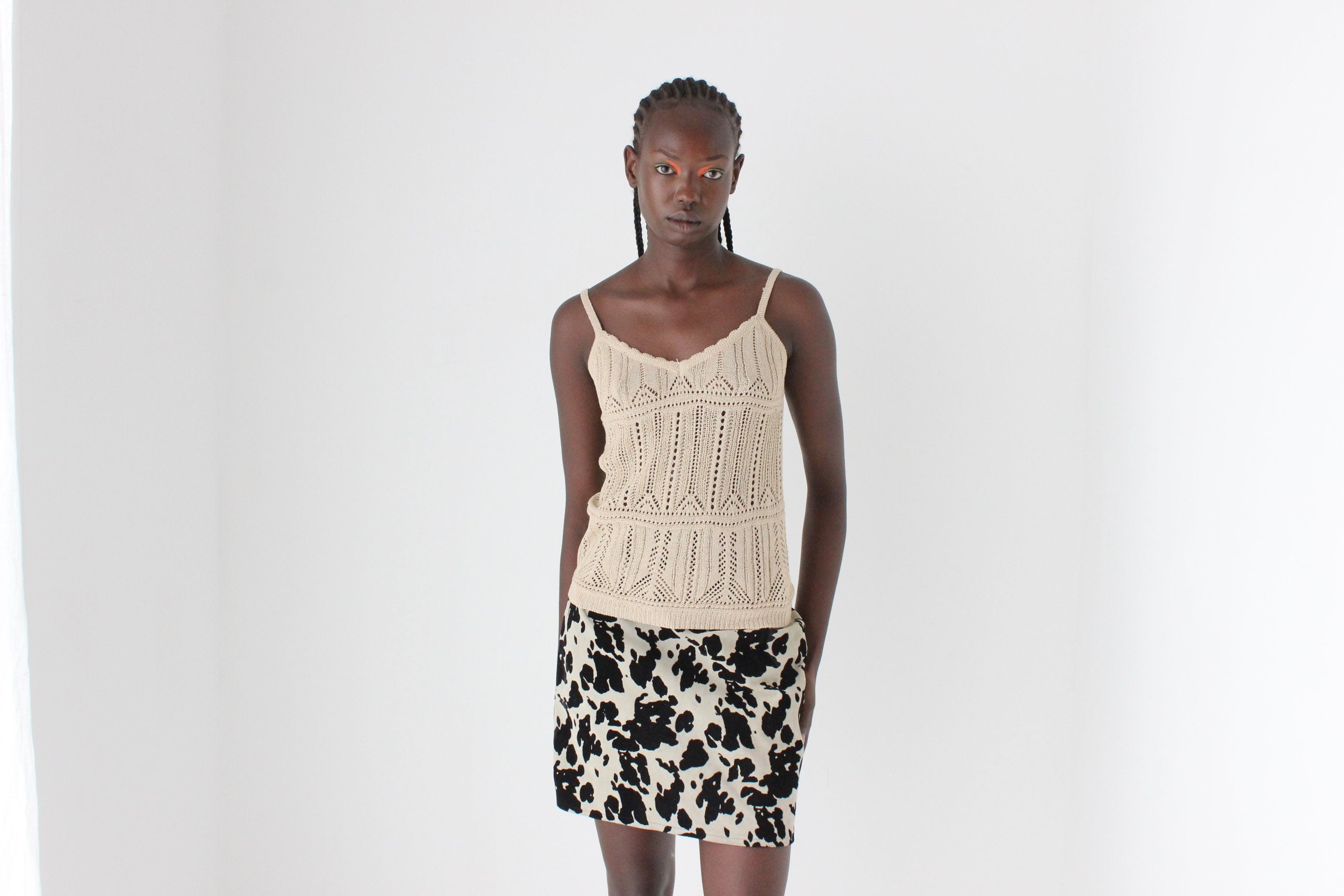 Y2K Textured Knit Beige Crochet Tank