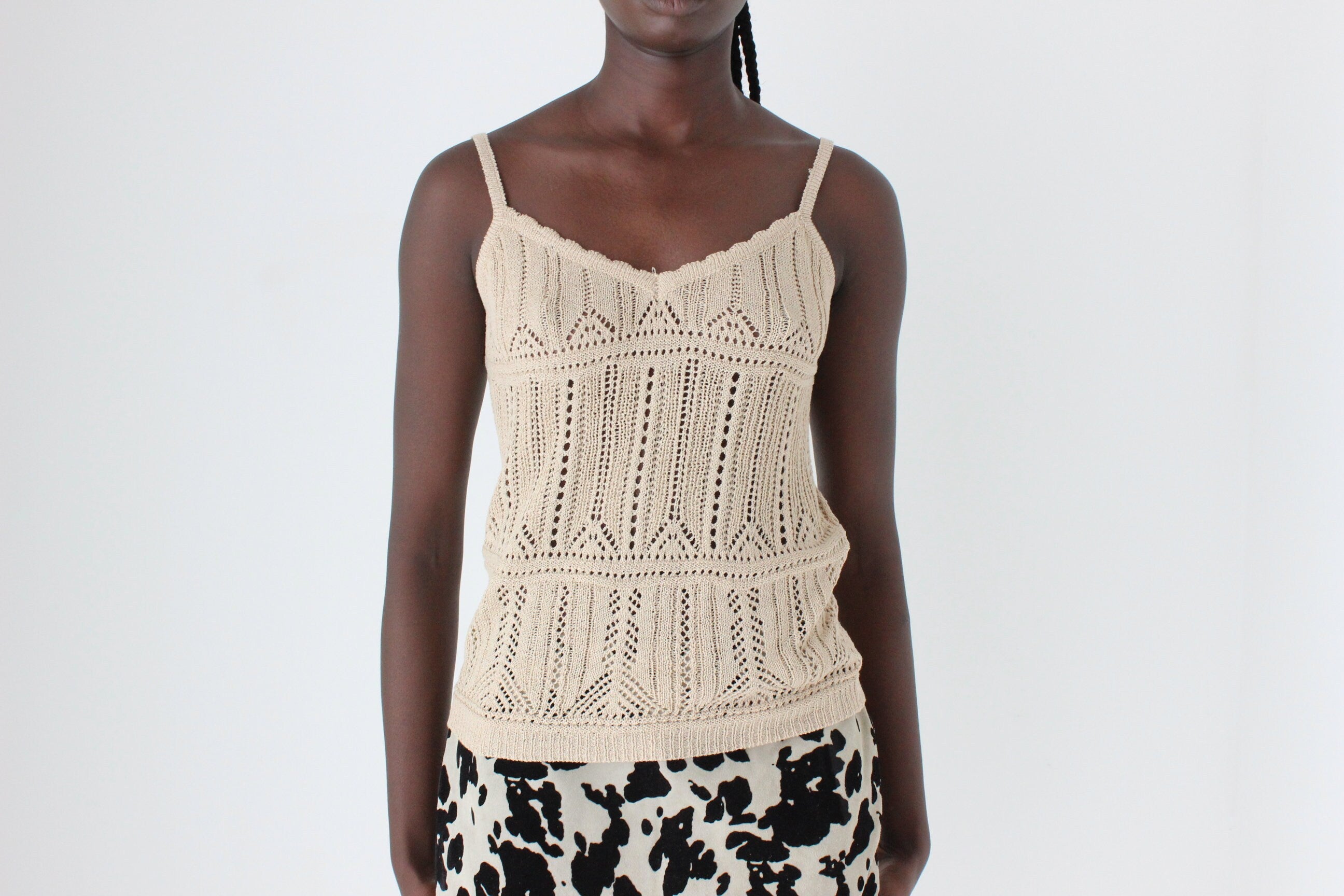 Y2K Textured Knit Beige Crochet Tank