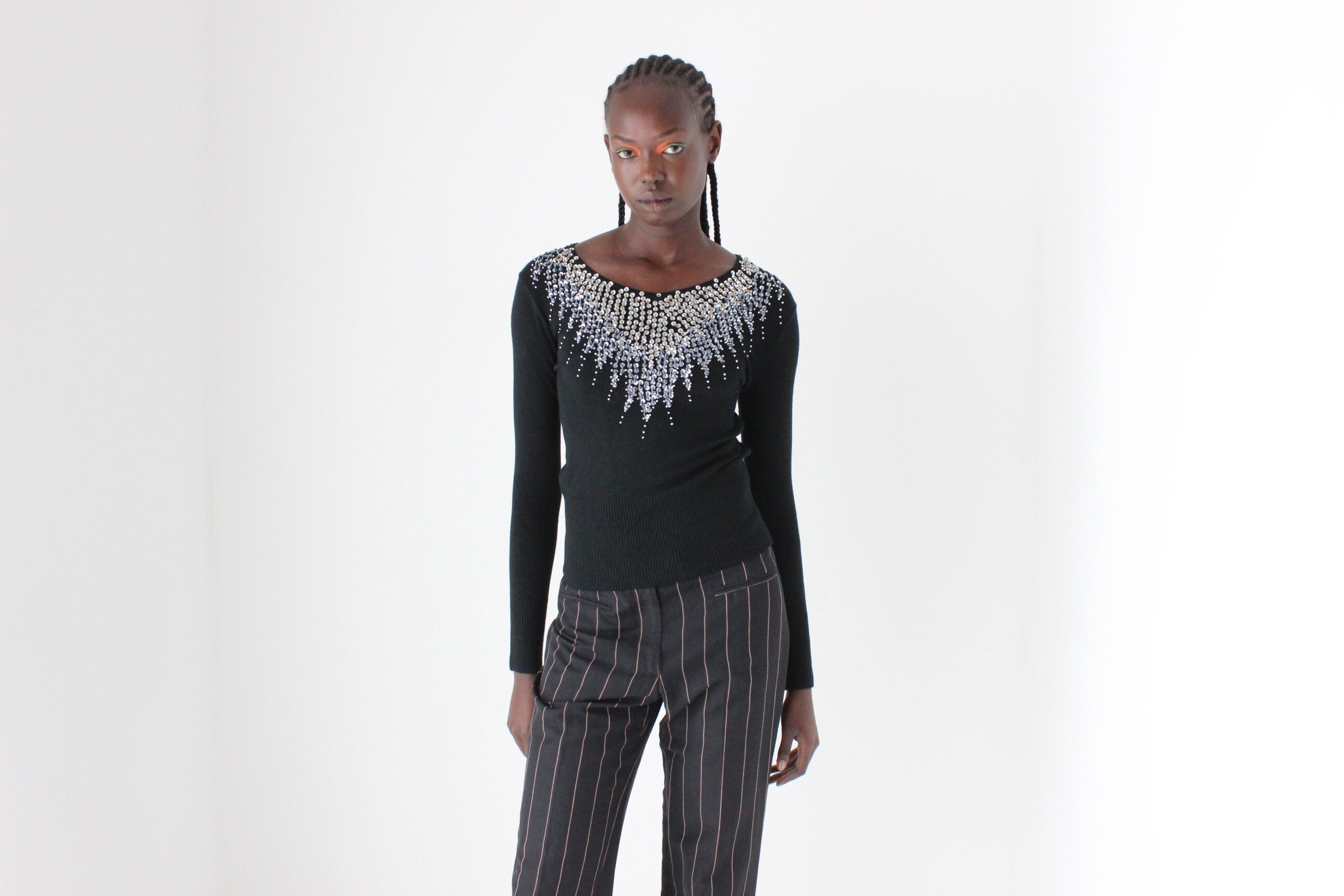 80s Sequin Stretch Knit Fitted Sweater Top