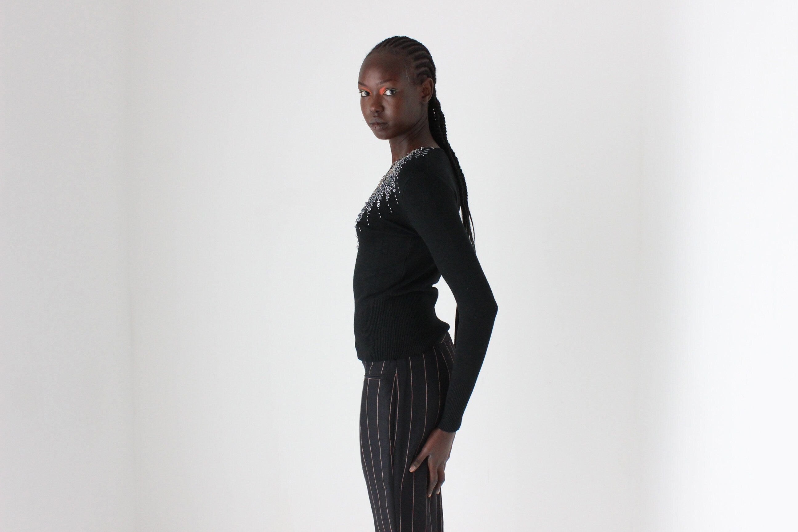 80s Sequin Stretch Knit Fitted Sweater Top