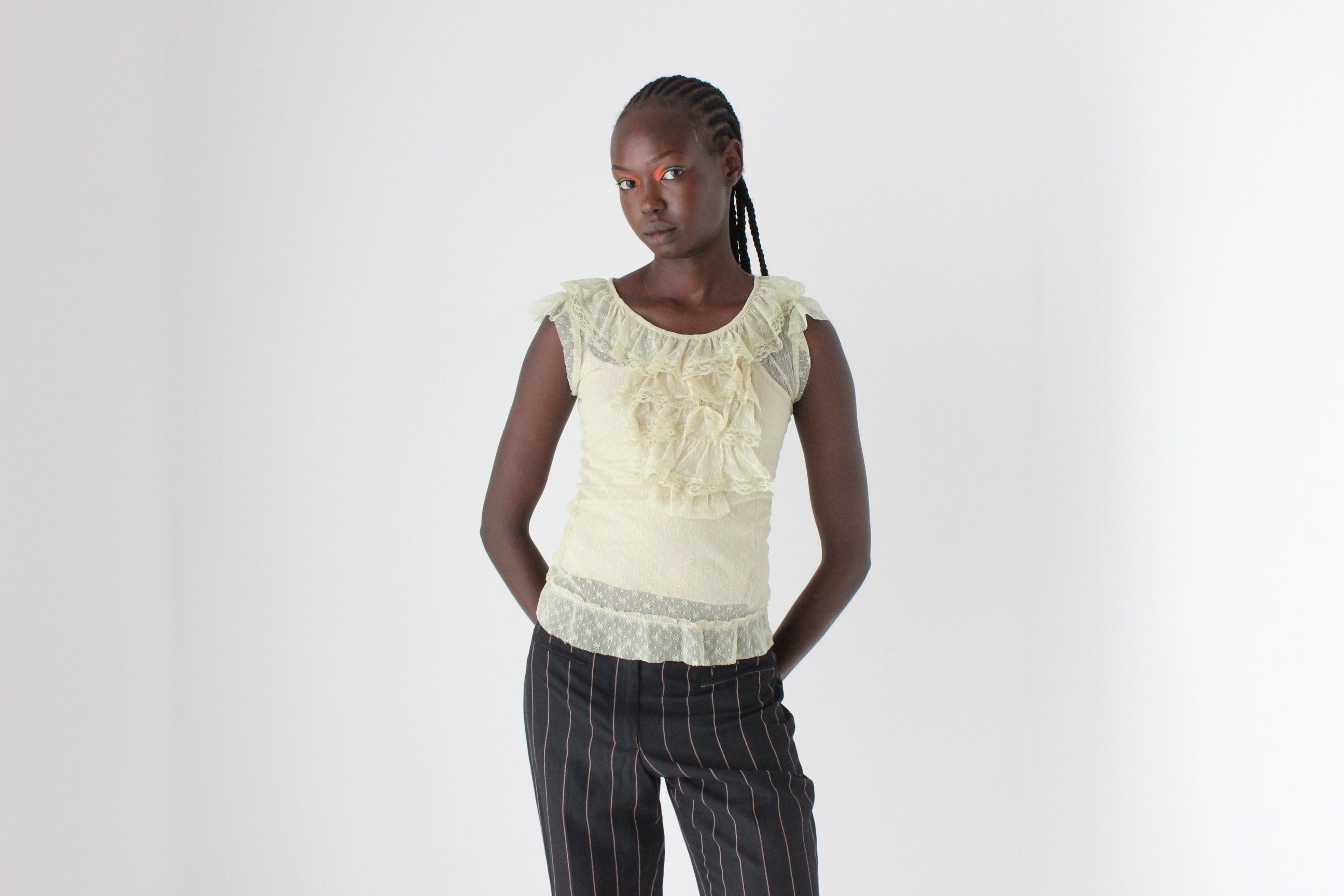 Y2K Whimsigoth Ruffle Lace Mesh Top