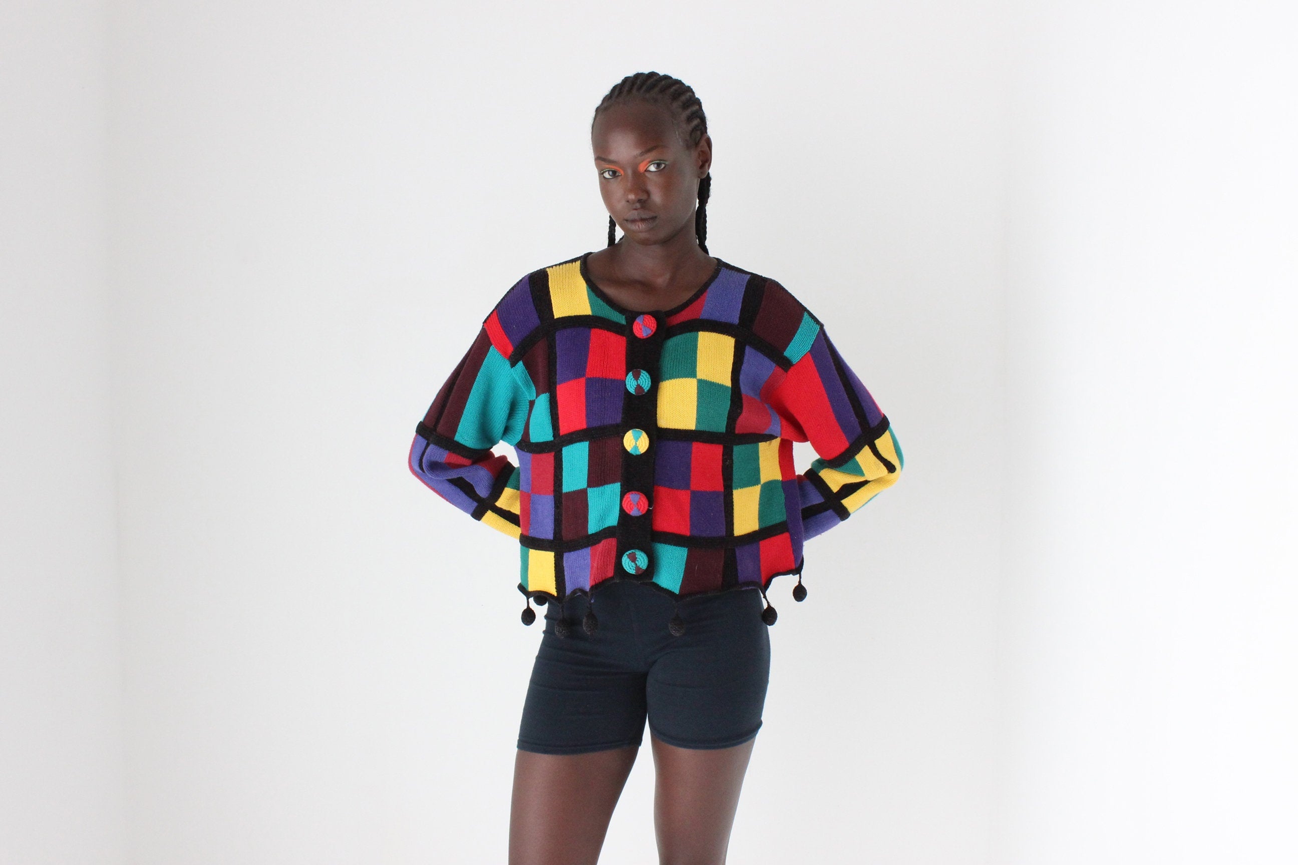 80s Rainbow Checkerboard Cotton & Ramie Cropped Knit