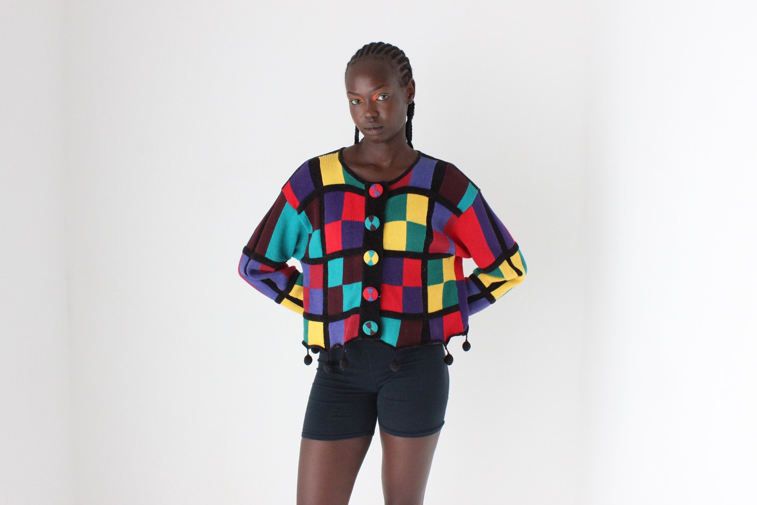 80s Rainbow Checkerboard Cotton & Ramie Cropped Knit