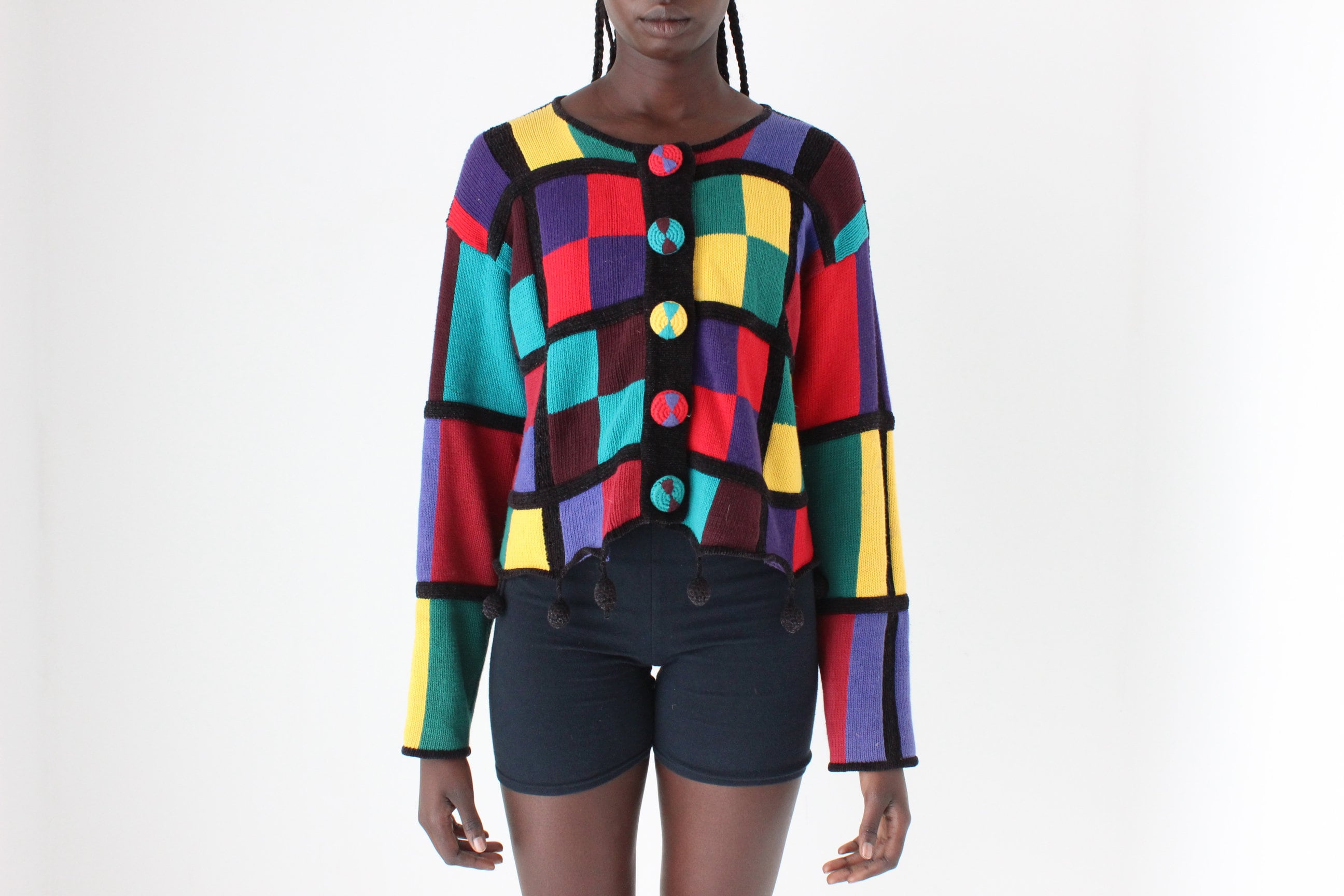 80s Rainbow Checkerboard Cotton & Ramie Cropped Knit