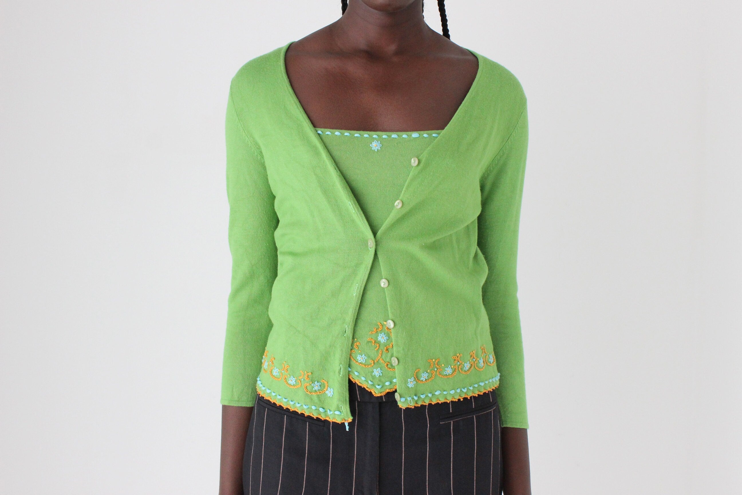 90s Embroidered Knit Tank & Cardigan Two Piece Set