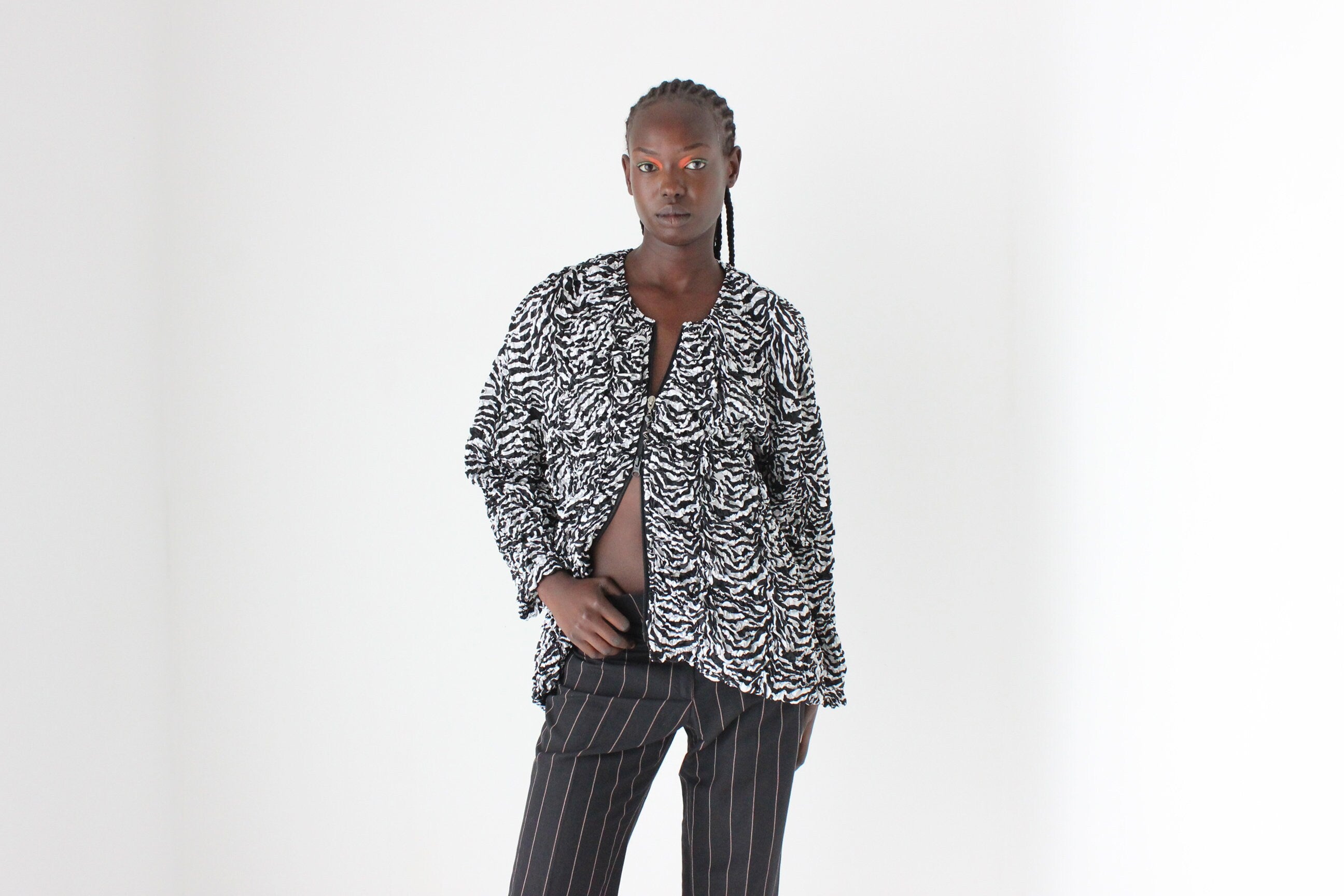 2000s Popcorn Stretch Zip Front Cocoon Jacket / Top