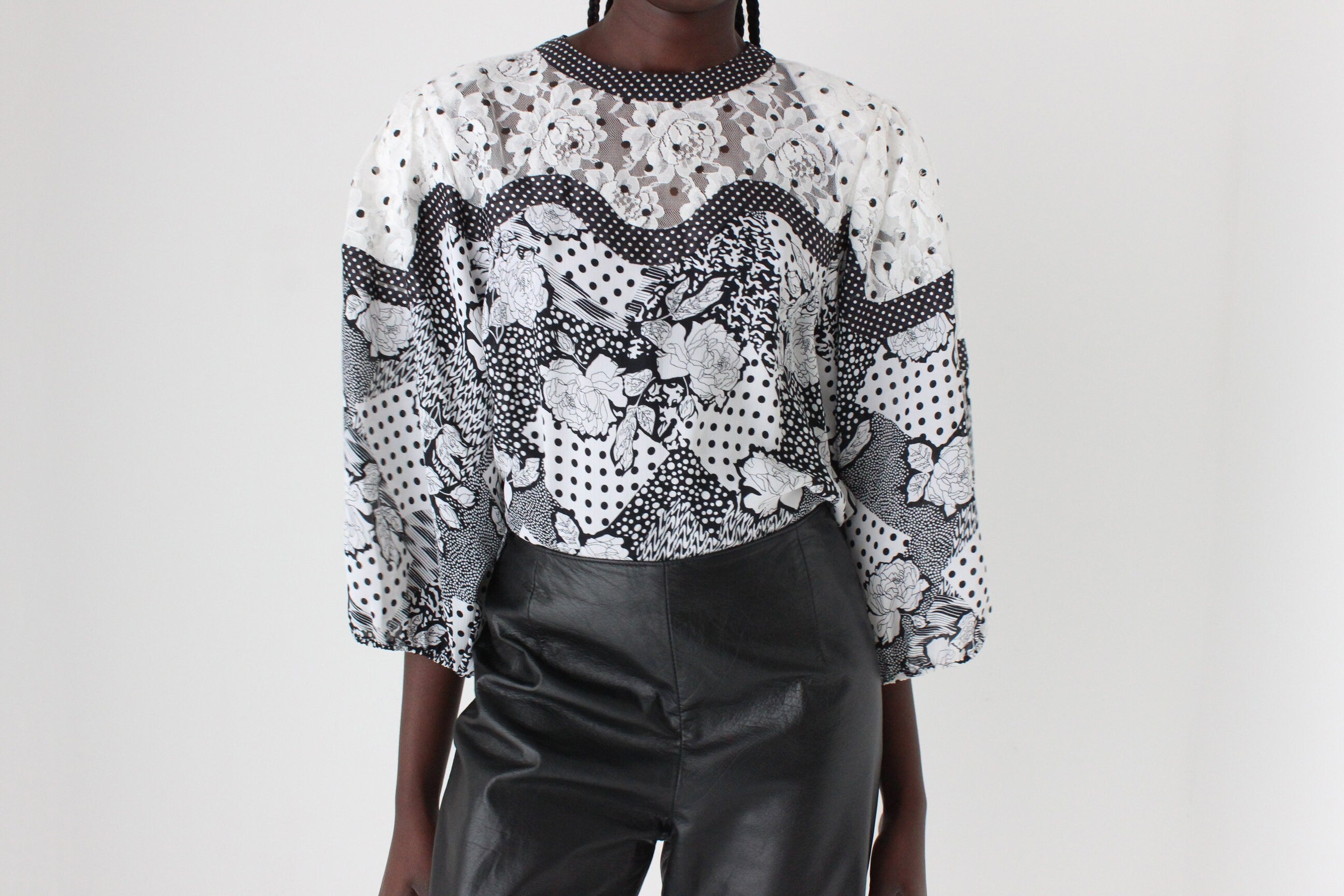 Maximalist 80s Diane Fres Georgette Lace / Polka Dot / Floral Top