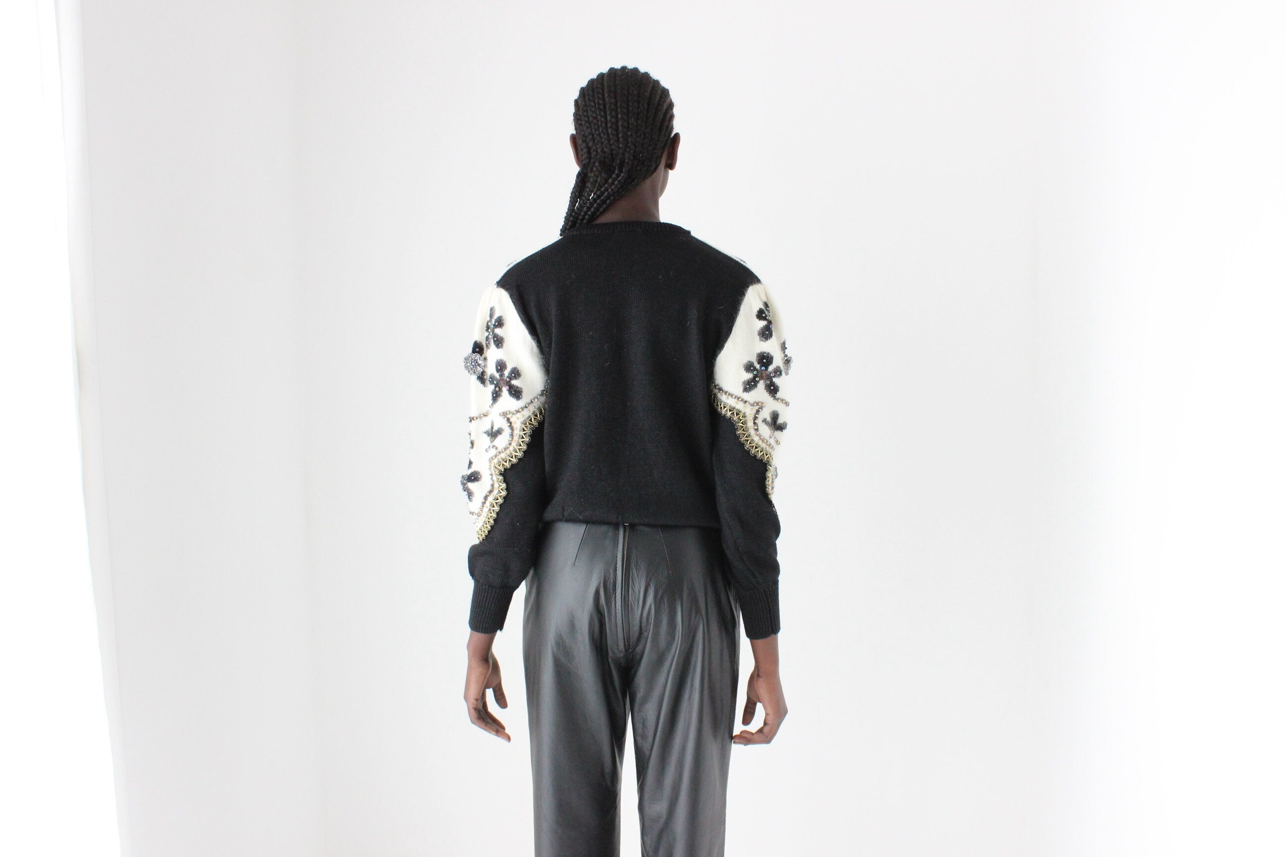 80s Embellished Knit Wool Blend Puff Sleeve Sweater