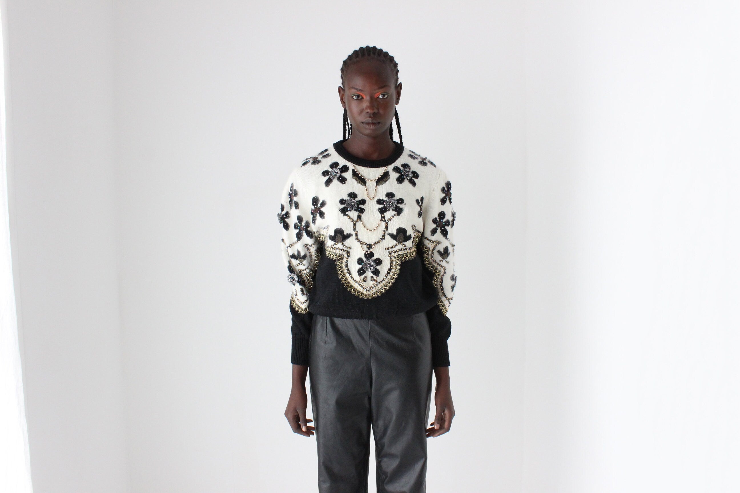 80s Embellished Knit Wool Blend Puff Sleeve Sweater