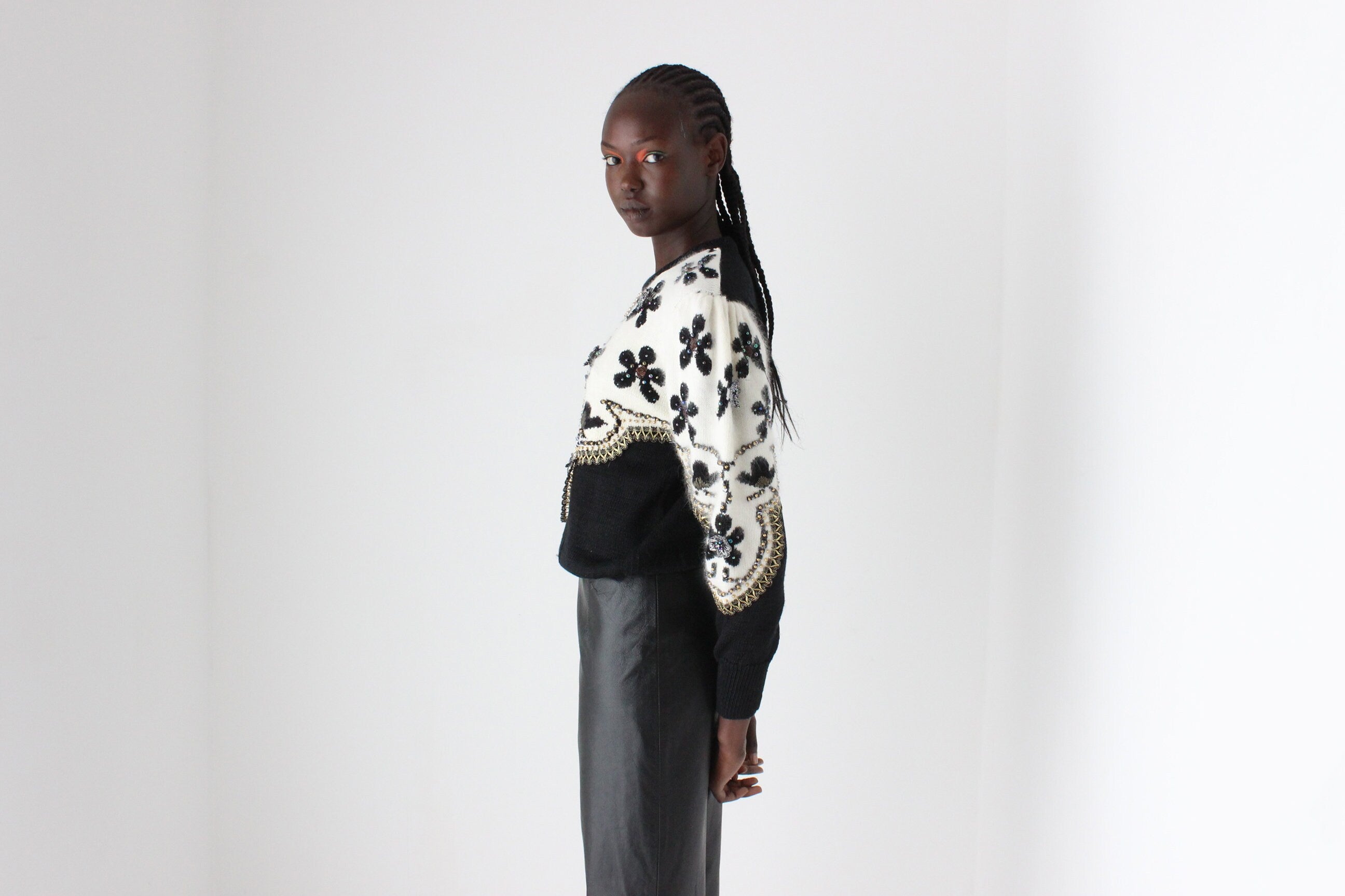 80s Embellished Knit Wool Blend Puff Sleeve Sweater