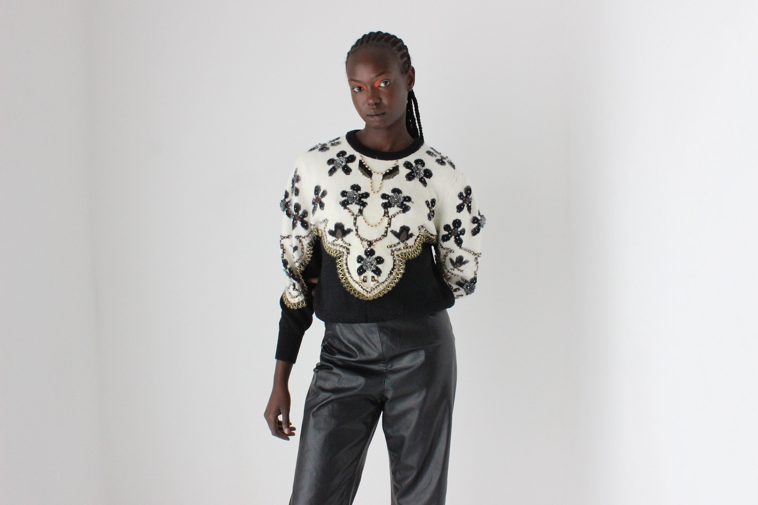 80s Embellished Knit Wool Blend Puff Sleeve Sweater