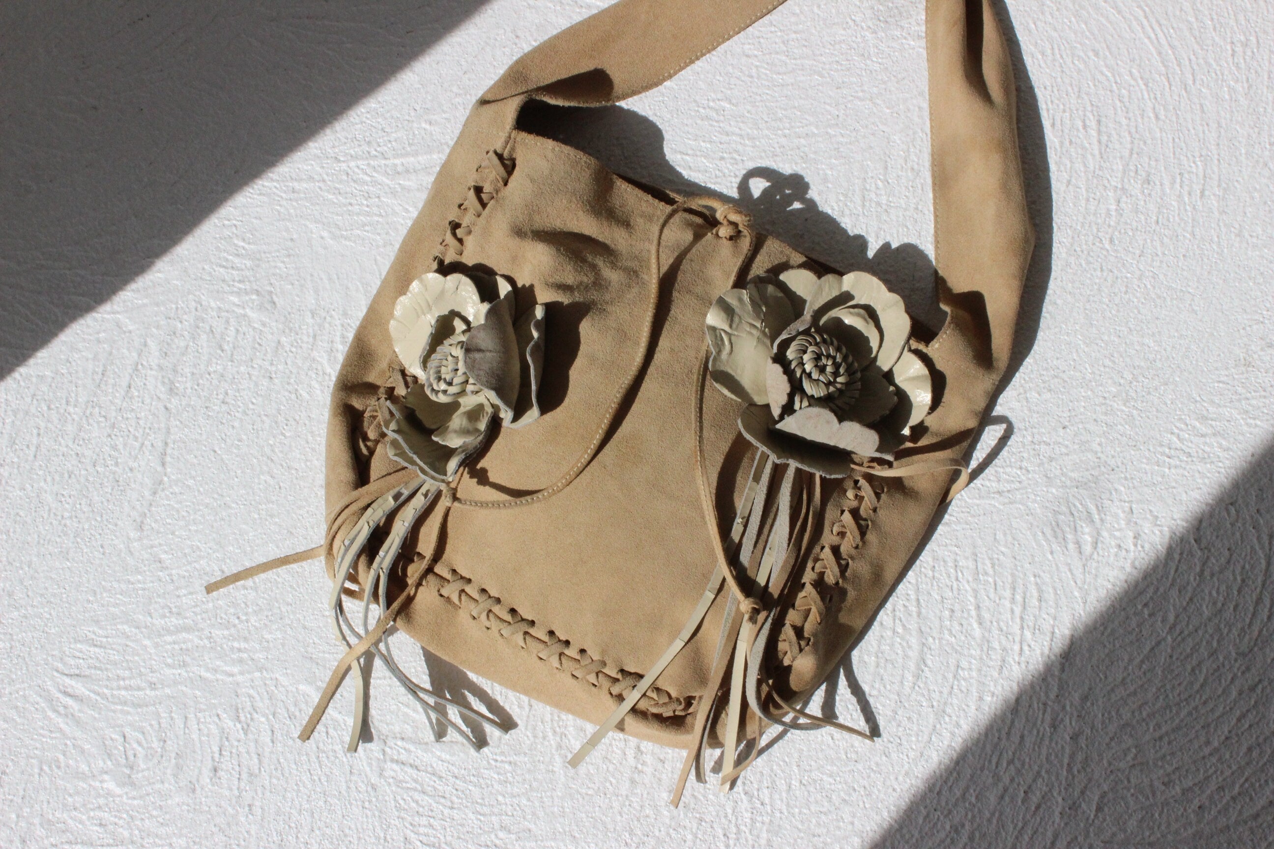 90s Suede Textured 3D Flower & Fringe Handbag