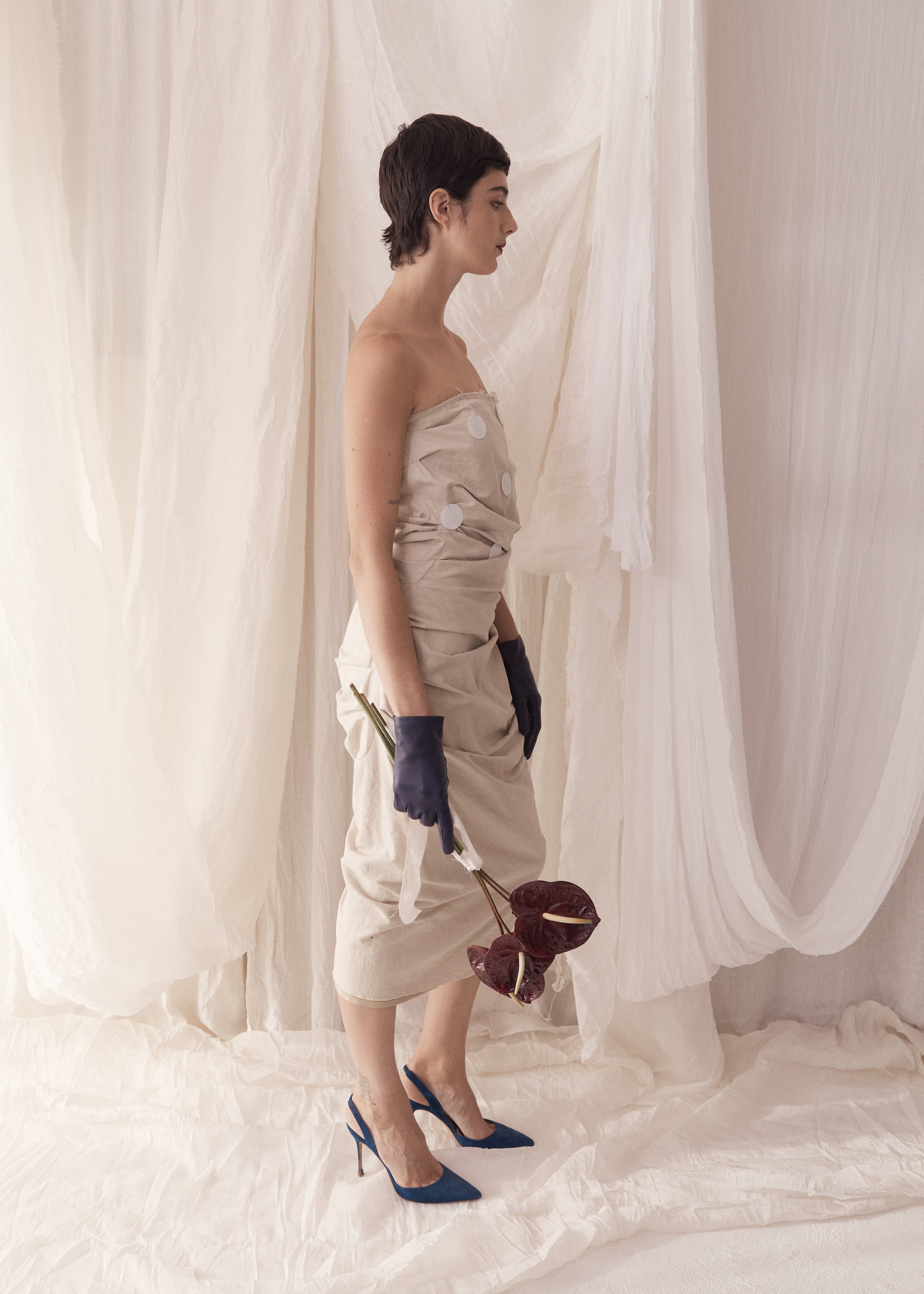 2009 LANVIN Paris Textural Linen Anti-Bride Wedding Dress w/ Pailettes