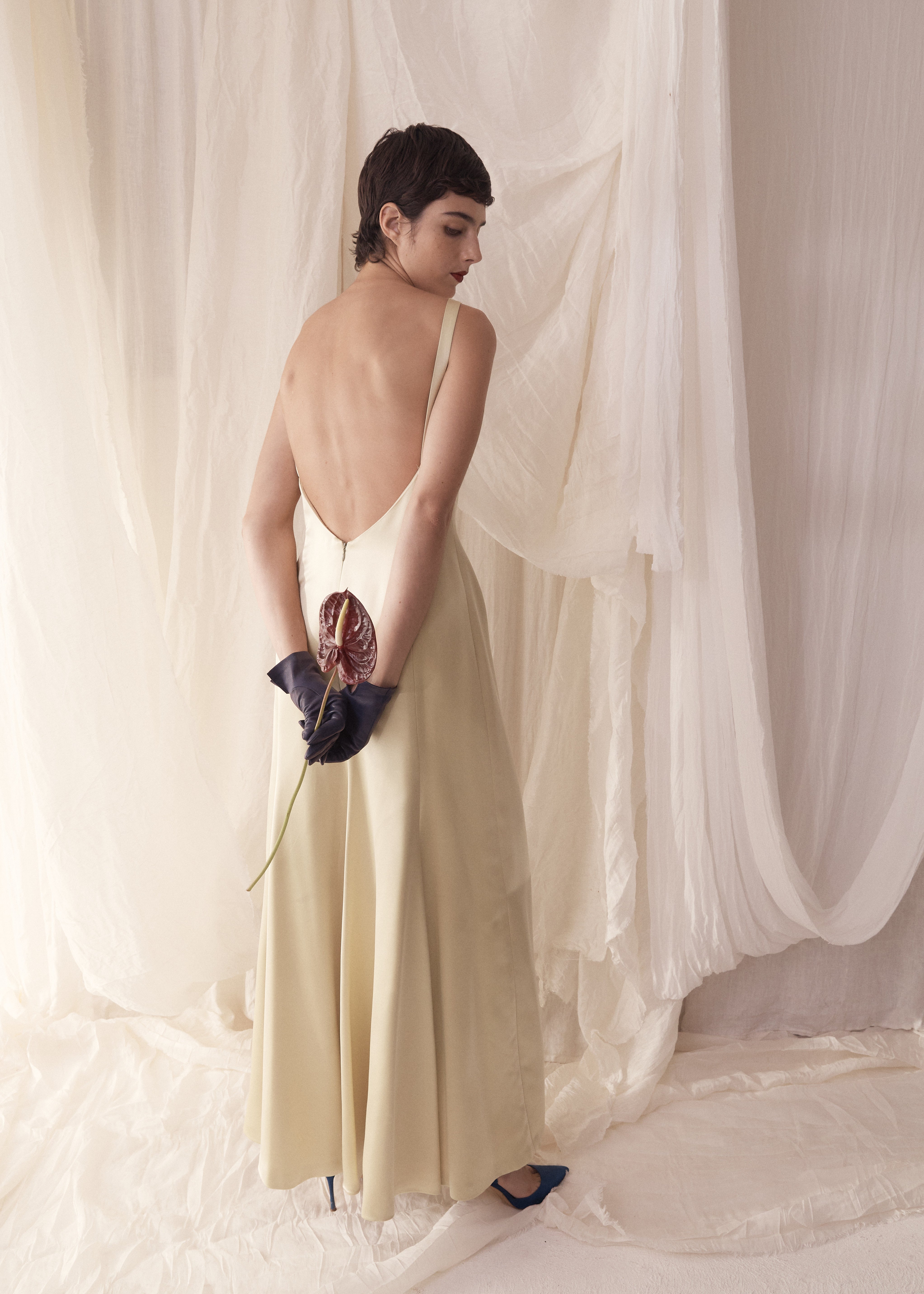90s Nicole Miller Pure Silk Citrus High Neck / Backless Gown