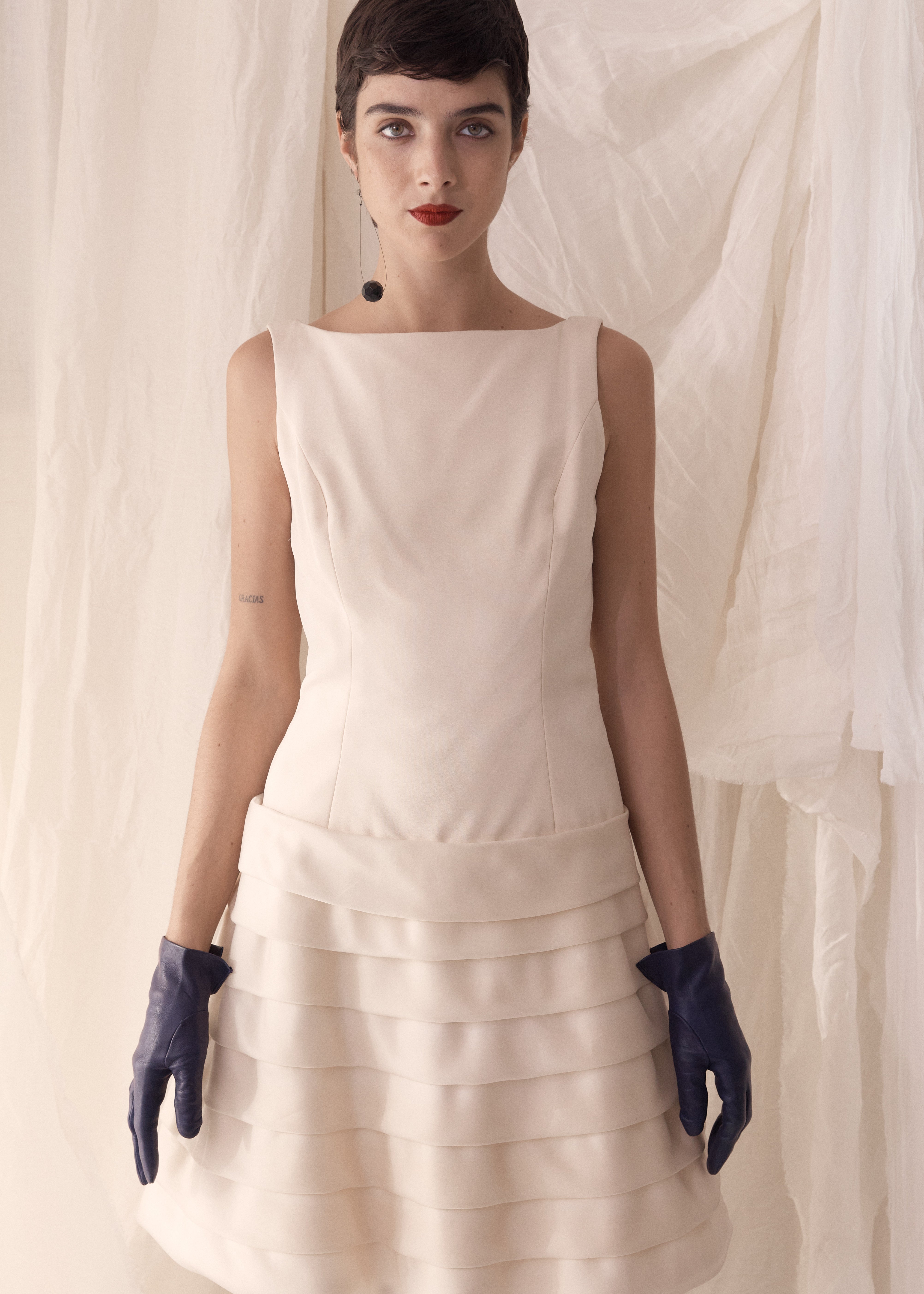 90s Elegant Silk High Neck Drop Waist A Line Dress w/ Tiered Organza Skirt