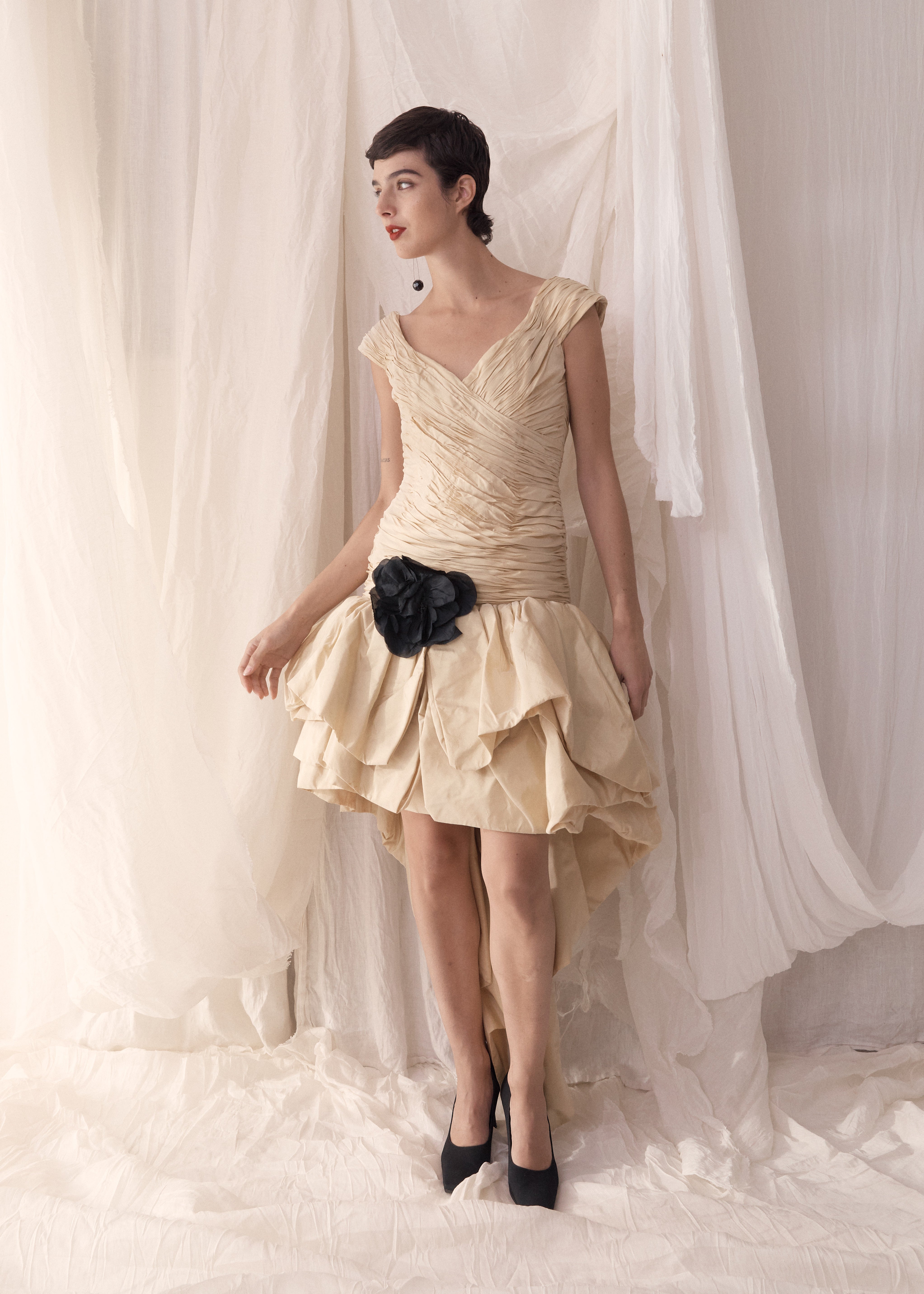 80s LORIS AZZARO Paris Silk Taffeta Drop Waist Puff Dress w/ Silk Flower