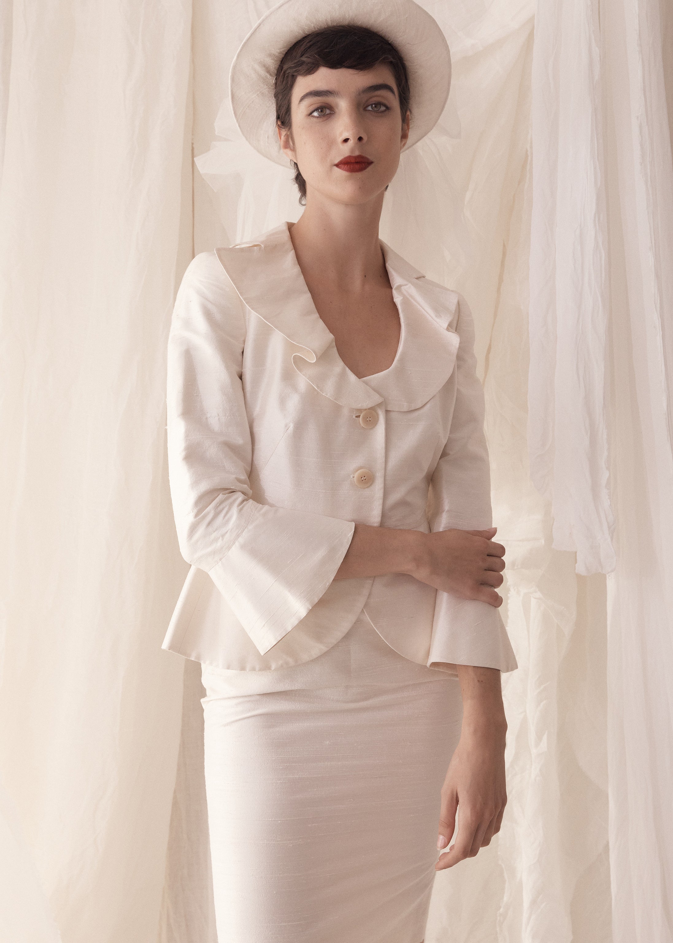 2000s Armani Collezioni Ivory Raw Silk Two Piece Ruffle Collar Skirt Suit