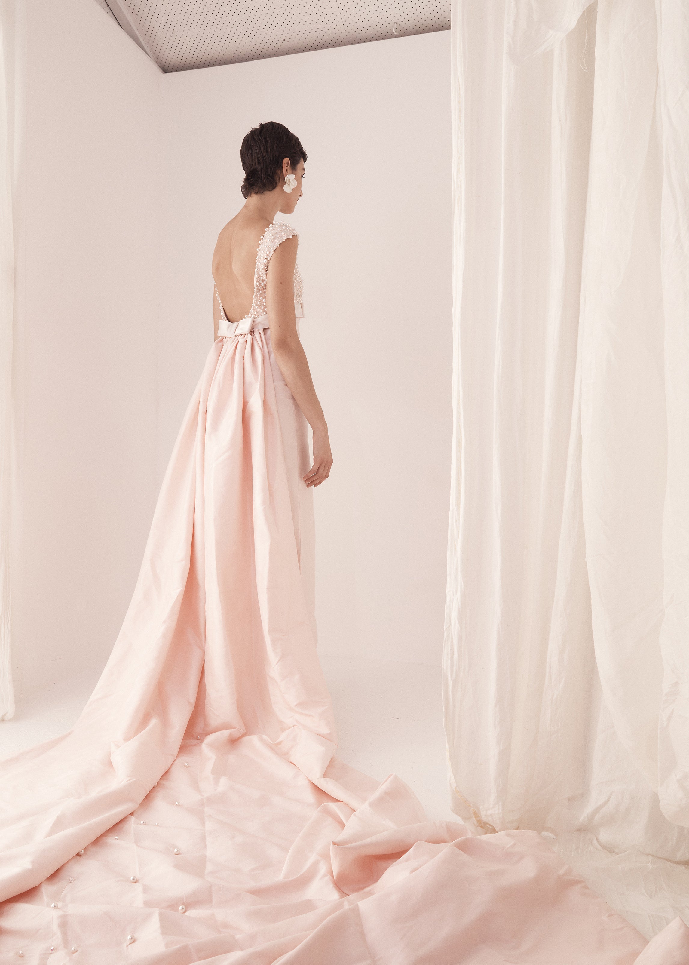 Custom 90s Thai Silk, Pearl & Swarovski Pastel Pink Wedding Gown w/ 10m Veil + Train