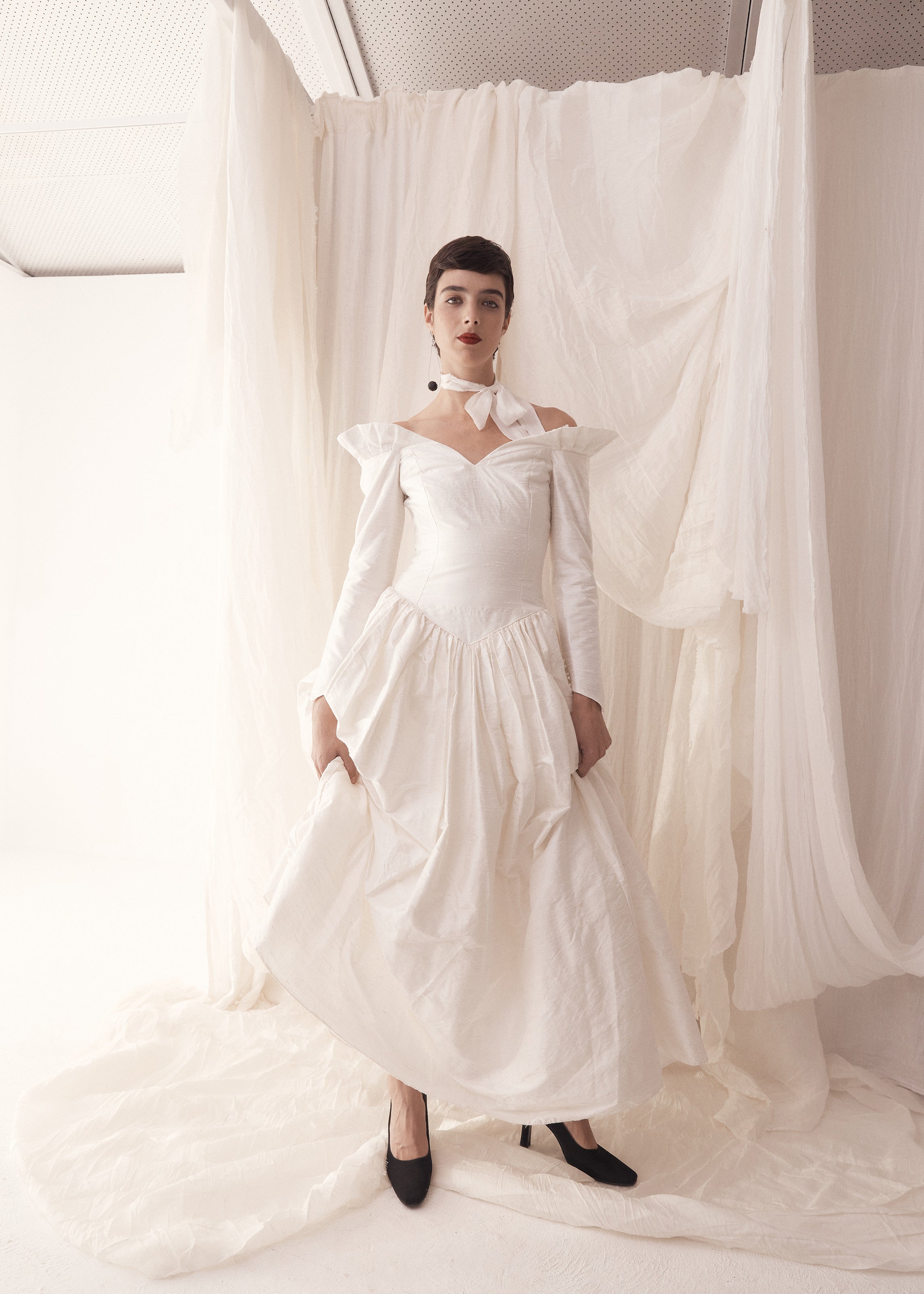 80s Silk Dupion Basque Waist, Off Shoulder, Long Sleeve Wedding Gown